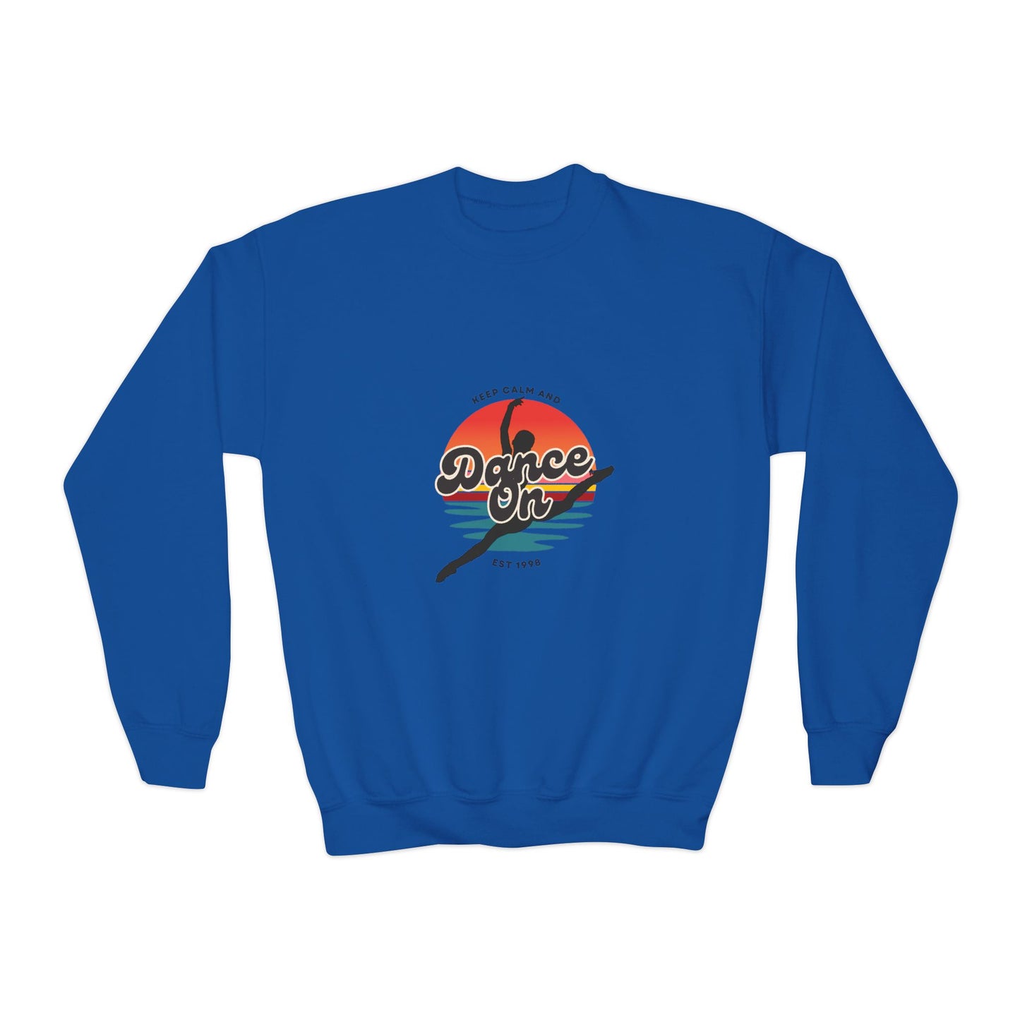 "Keep Calm and Dance On" Youth Crewneck Sweatshirt – Retro Graphic Dance-Themed Kids Pullover for Young Performers