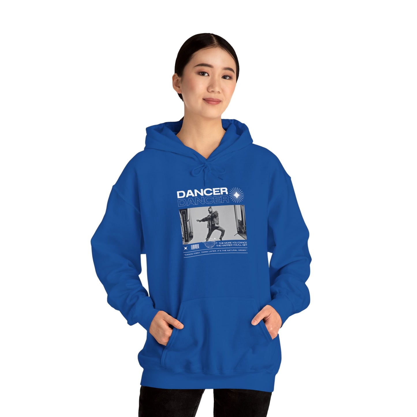 “Dancer” Text with Jazz-Inspired Streetwear-Style Pose Graphic – Unisex Heavy Blend™ Hooded Sweatshirt – Cozy Dance Hoodie for Jazz Dancers & Performing Arts Lovers  "