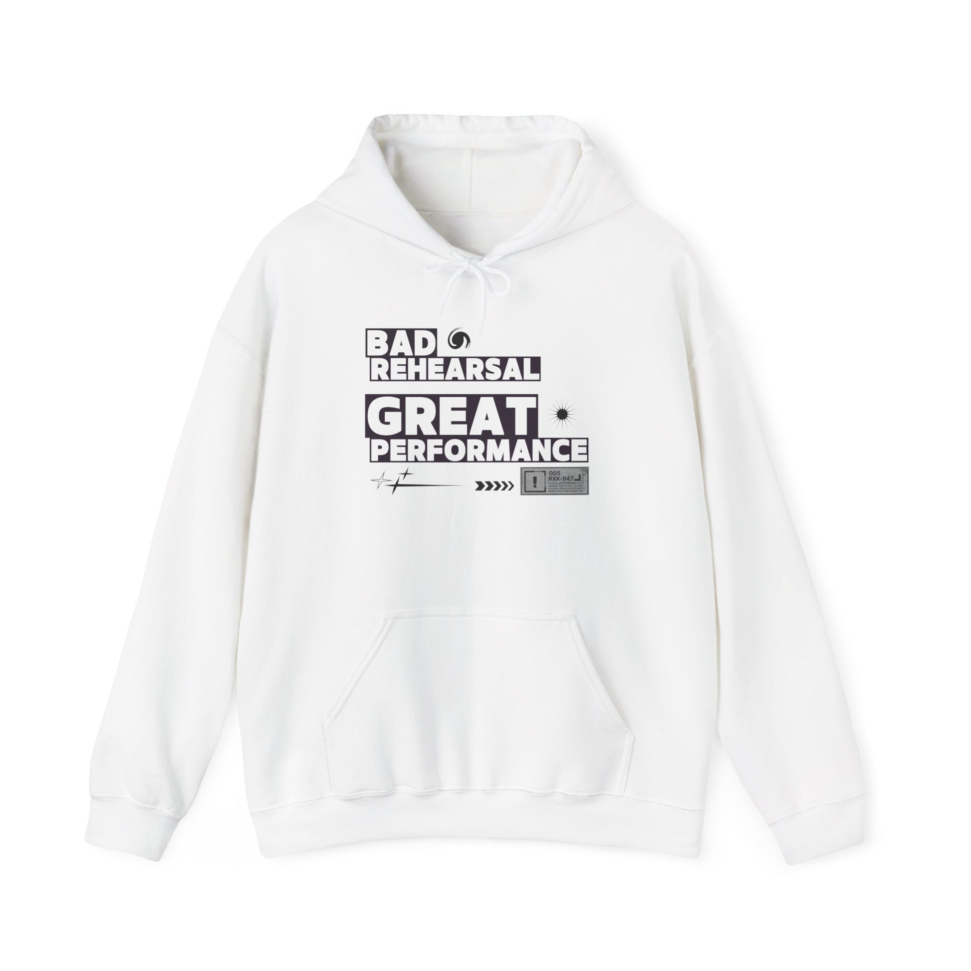 White hoodie with text design on a white background
