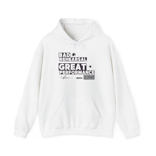 White hoodie with text design on a white background