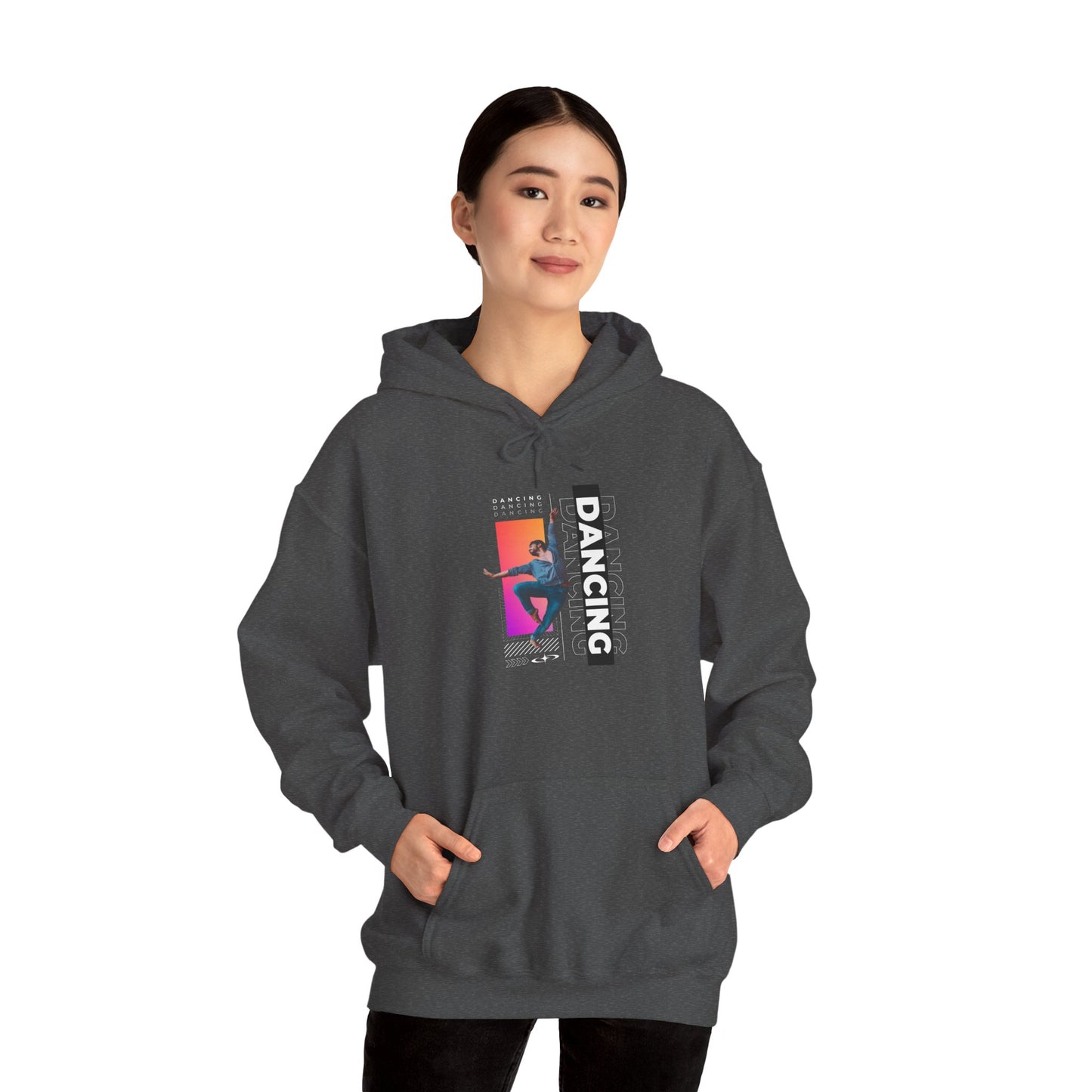 “Dancing” Text with Streetwear-Style Male Dancer Graphic – Unisex Heavy Blend™ Hooded Sweatshirt – Cozy Dance Hoodie for Performers & Dance Enthusiasts