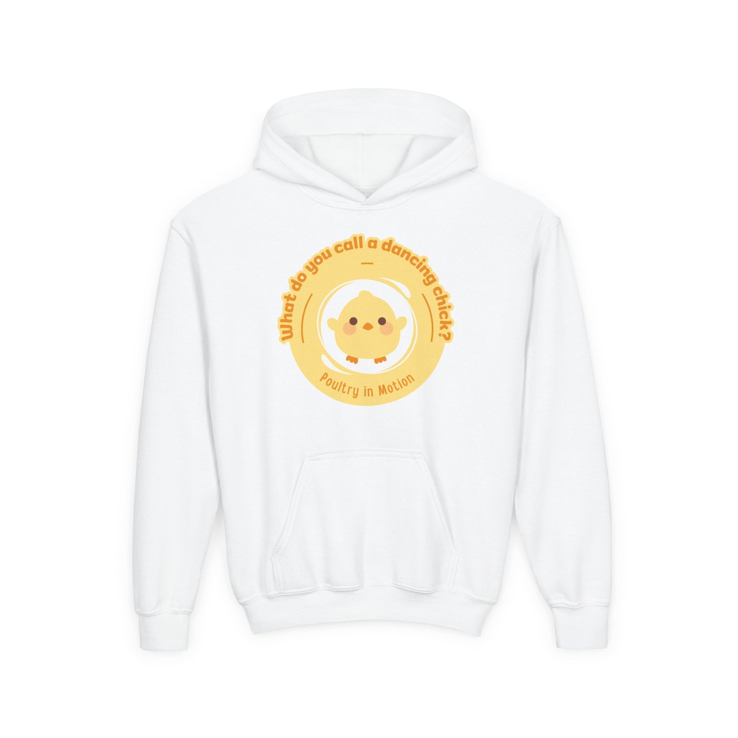 "What do you call a dancing chick? Poultry in Motion." Youth Hooded Sweatshirt – Funny Dancing Chick Pun Graphic Hoodie for Kids and Teens