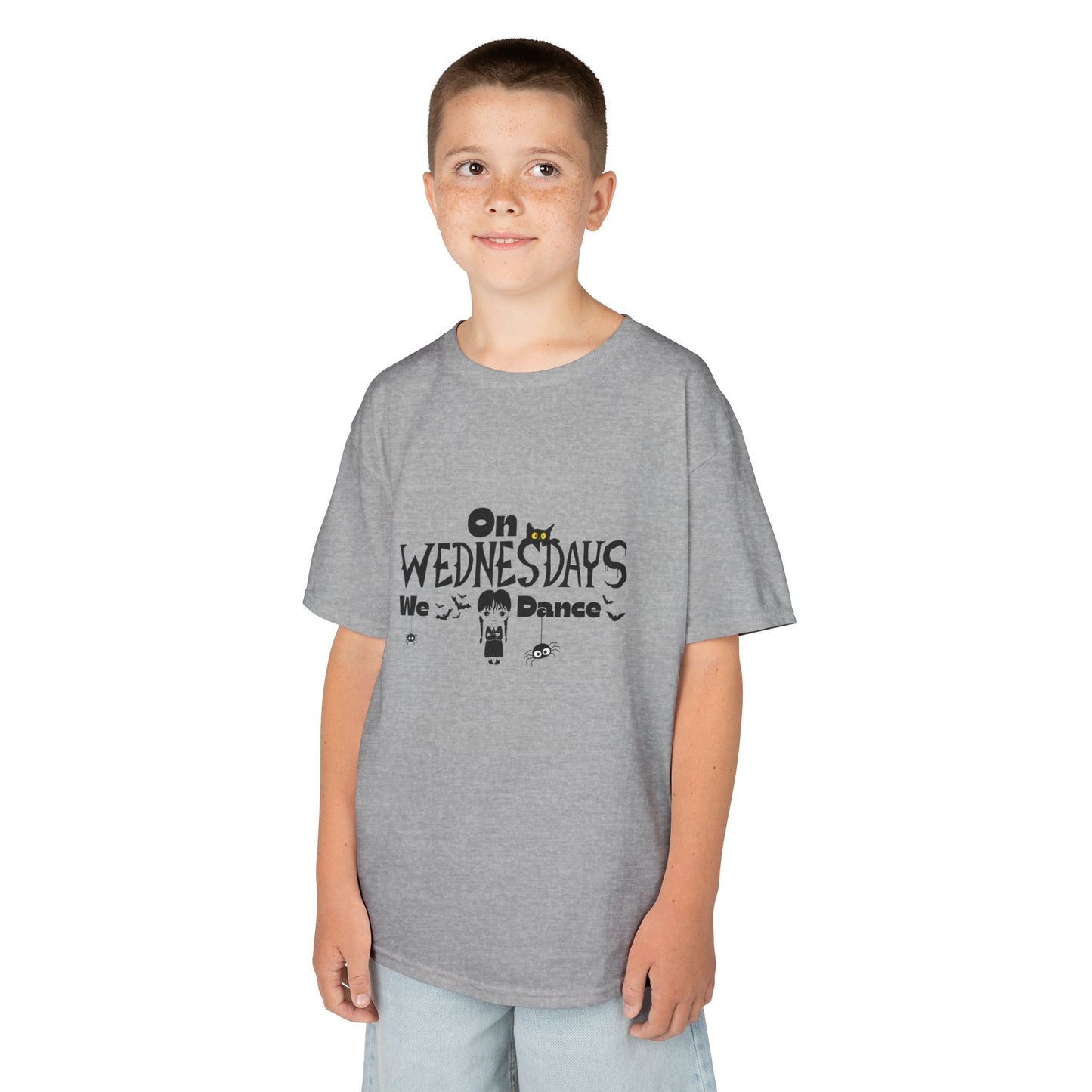 “On Wednesdays We Dance” Gothic Halloween T-Shirt with Cute Girl, Black Cat, Spiders & Bats - Kids Heavy Cotton™ Tee