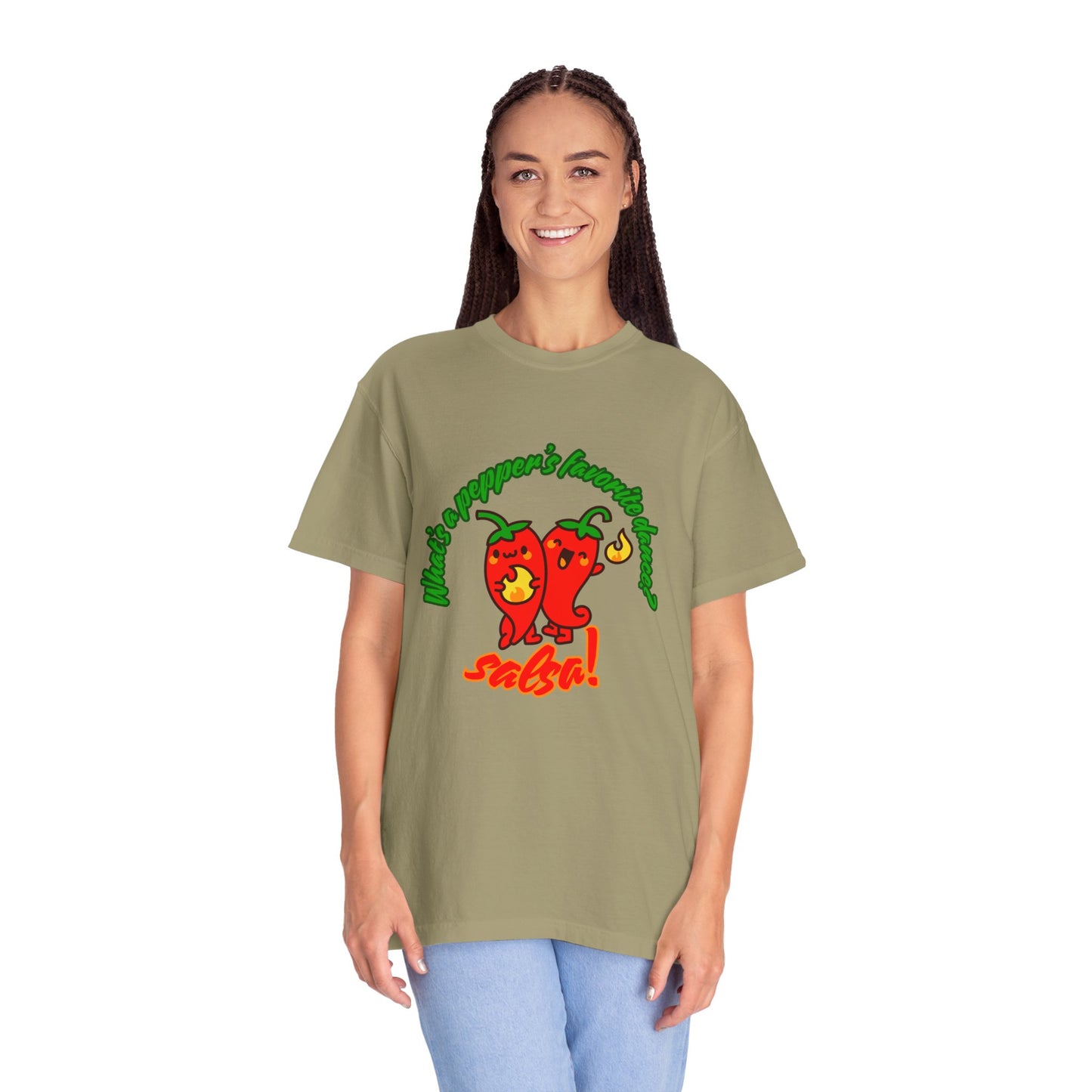 "What's a Pepper's Favorite Dance? Salsa!" Dance Pun Unisex Garment-Dyed T-Shirt – Funny Dance Joke Tee with Cute Pepper Graphic – Dance Humor Shirt for Food & Pun Lovers