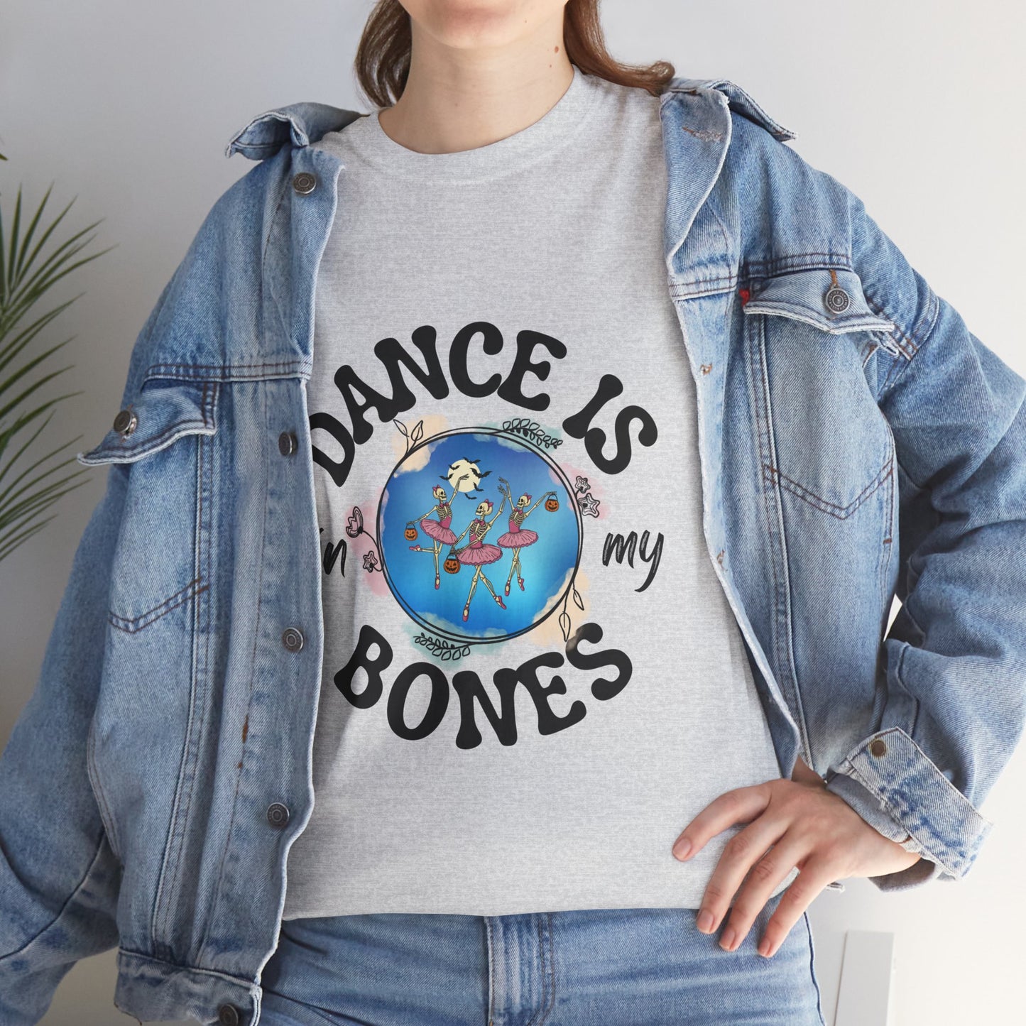 “Dance Is in My Bones” Halloween Dance T-Shirt with Dancing Skeletons Graphic - Unisex Heavy Cotton Tee