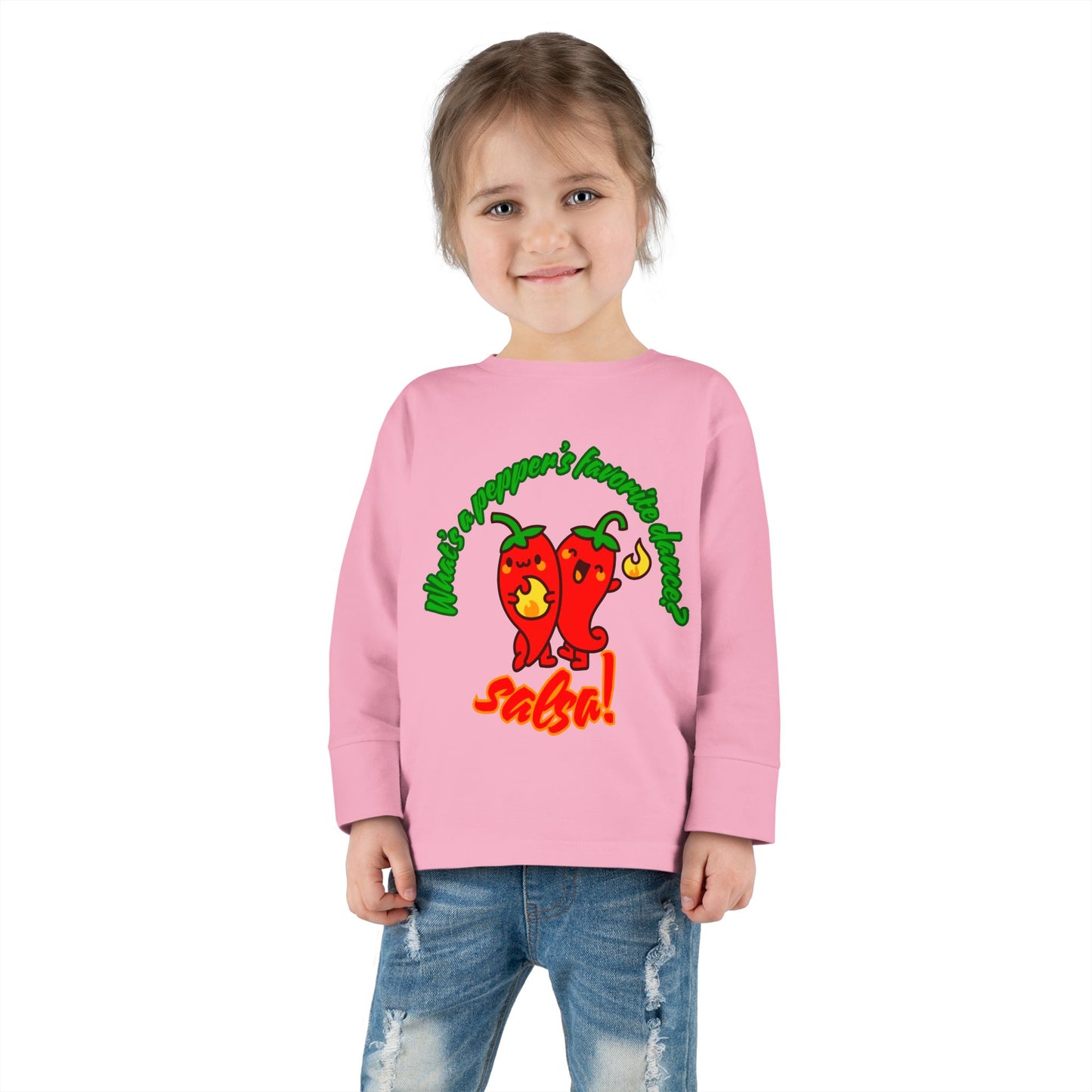 "What Is a Pepper's Favorite Dance? Salsa!" Toddler Dance T-Shirt – Cute Pepper Pun Graphic Long Sleeve Tee for Kids