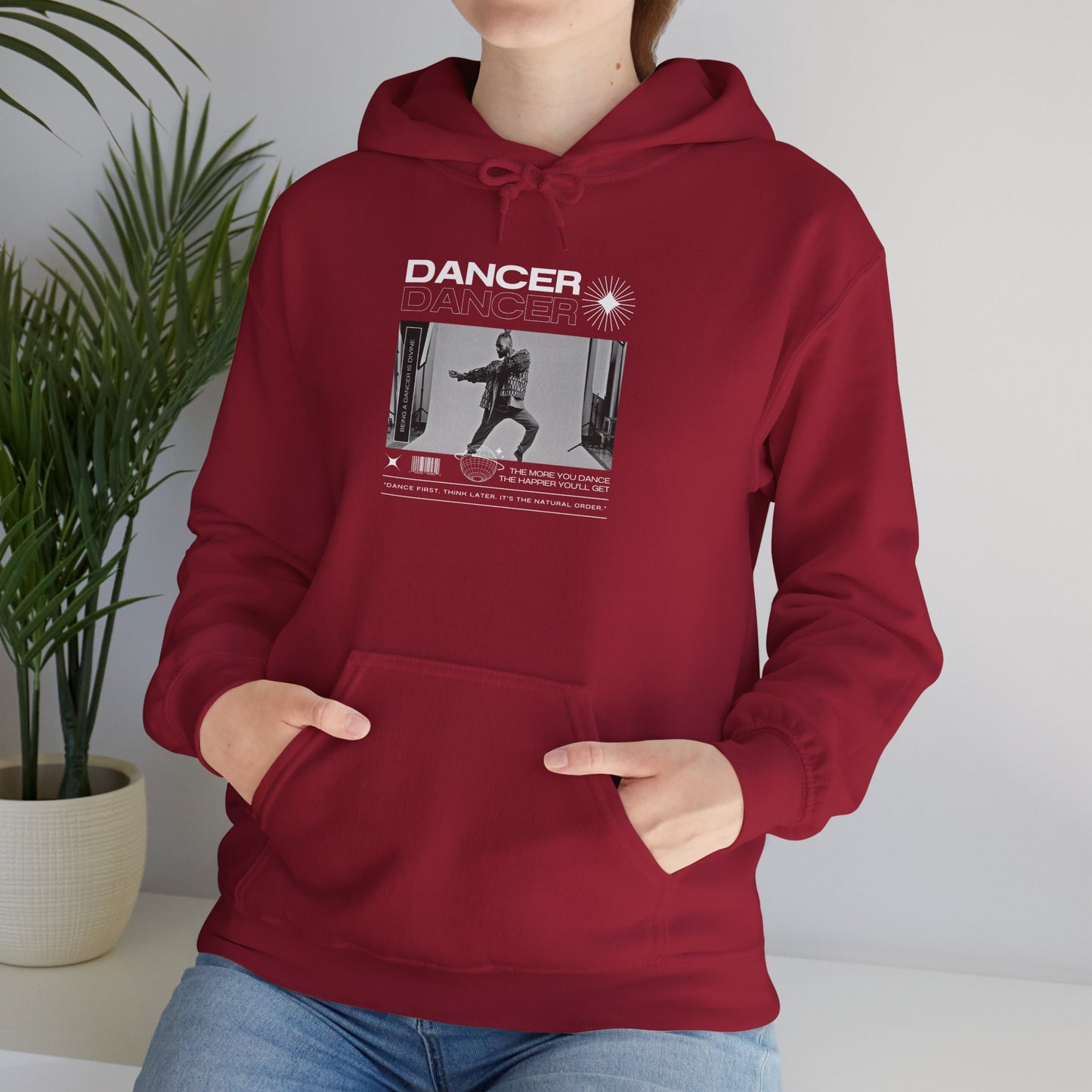 “Dancer” Text with Jazz-Inspired Streetwear-Style Pose Graphic – Unisex Heavy Blend™ Hooded Sweatshirt – Cozy Dance Hoodie for Jazz Dancers & Performing Arts Lovers "