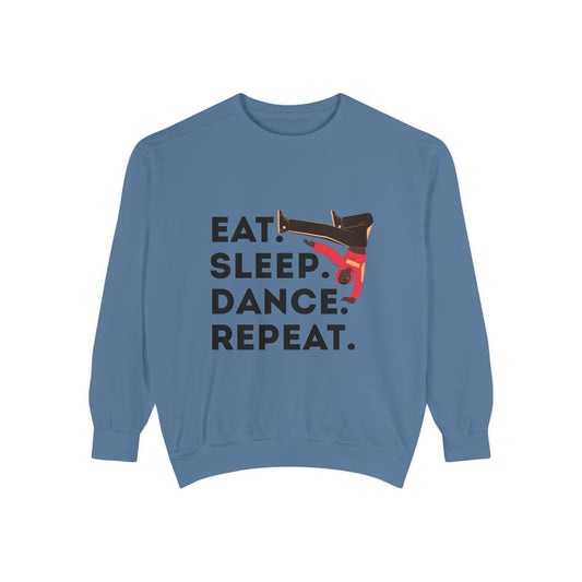 "Eat, Sleep, Dance, Repeat." Unisex Lightweight Crewneck Sweatshirt – Bold B-Boy Graphic Pullover for Hip-Hop Dancers & Street Style Fans
