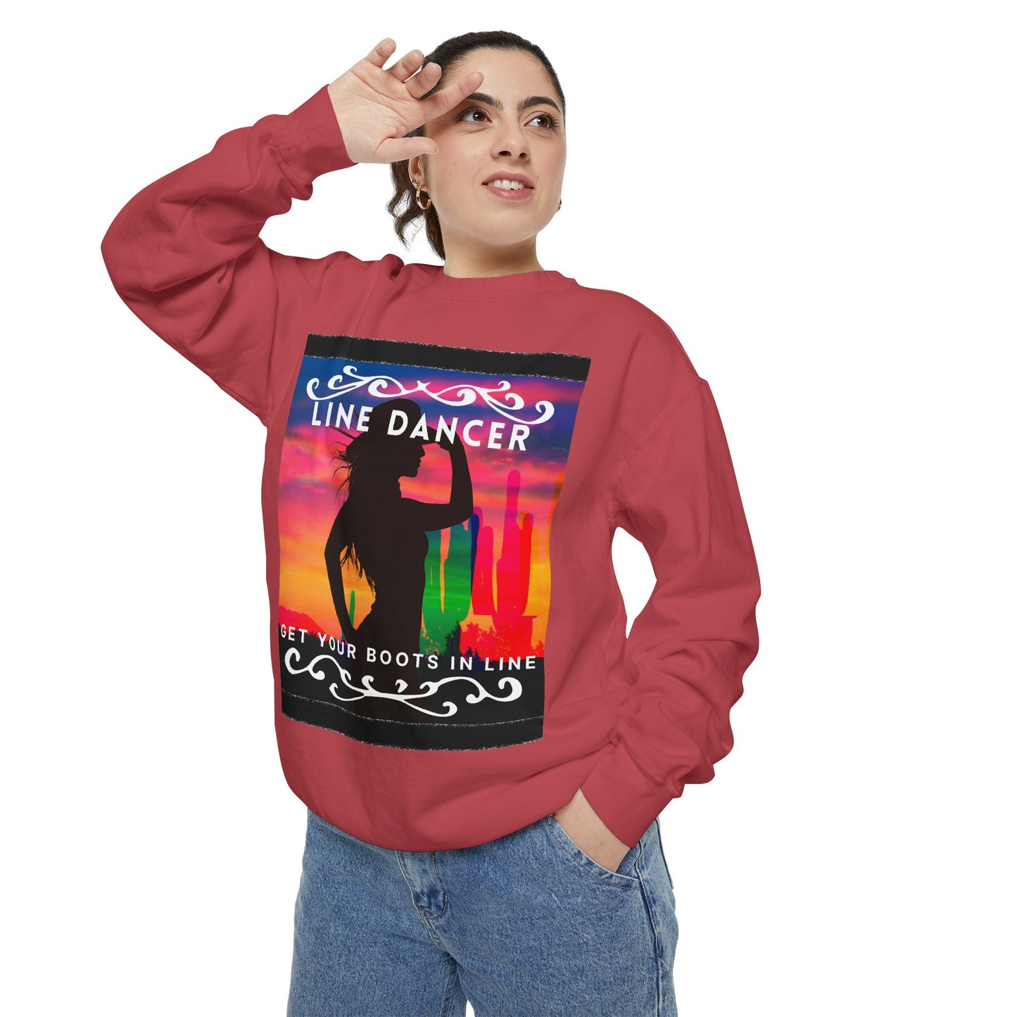"Line Dancer, Get Your Boots in Line" Unisex Lightweight Crewneck Sweatshirt – Western Dance Graphic Pullover for Country Music & Boot Scootin’ Fans