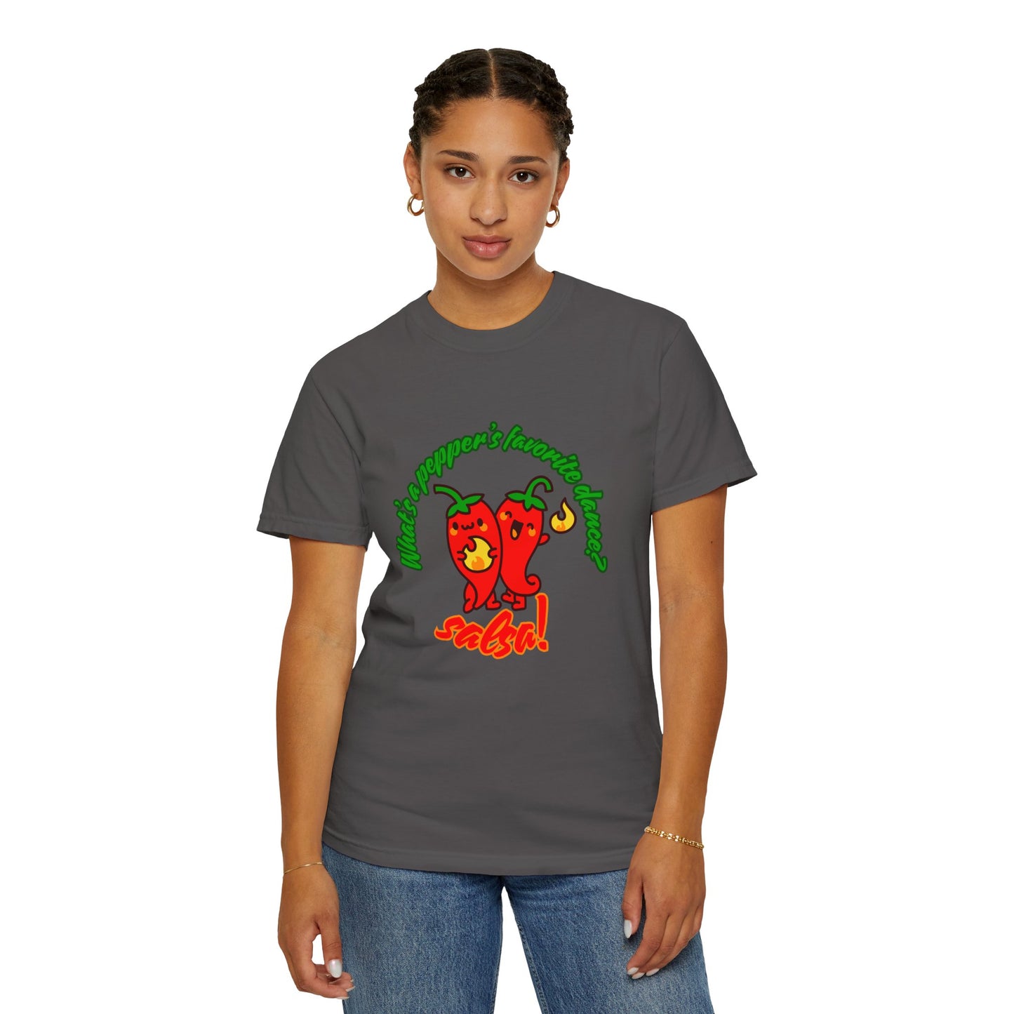 "What's a Pepper's Favorite Dance? Salsa!" Dance Pun Unisex Garment-Dyed T-Shirt – Funny Dance Joke Tee with Cute Pepper Graphic – Dance Humor Shirt for Food & Pun Lovers