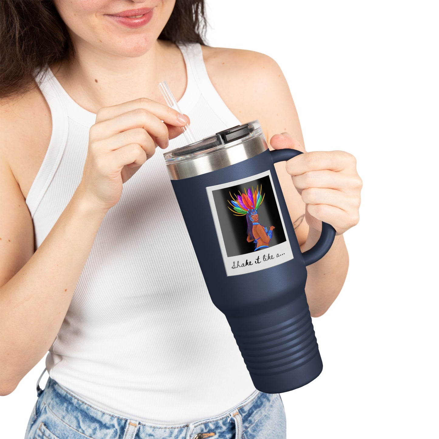 "Shake It Like a..." 40oz Insulated Travel Mug – Carnival Samba Dancer Graphic | Fun Dance-Themed Stainless Steel Tumbler for Hot & Cold Drinks