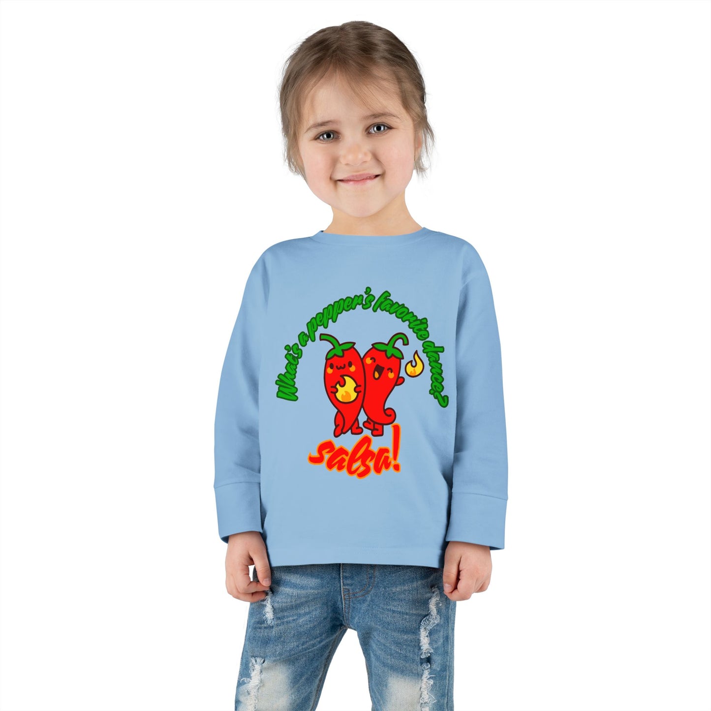 "What Is a Pepper's Favorite Dance? Salsa!" Toddler Dance T-Shirt – Cute Pepper Pun Graphic Long Sleeve Tee for Kids
