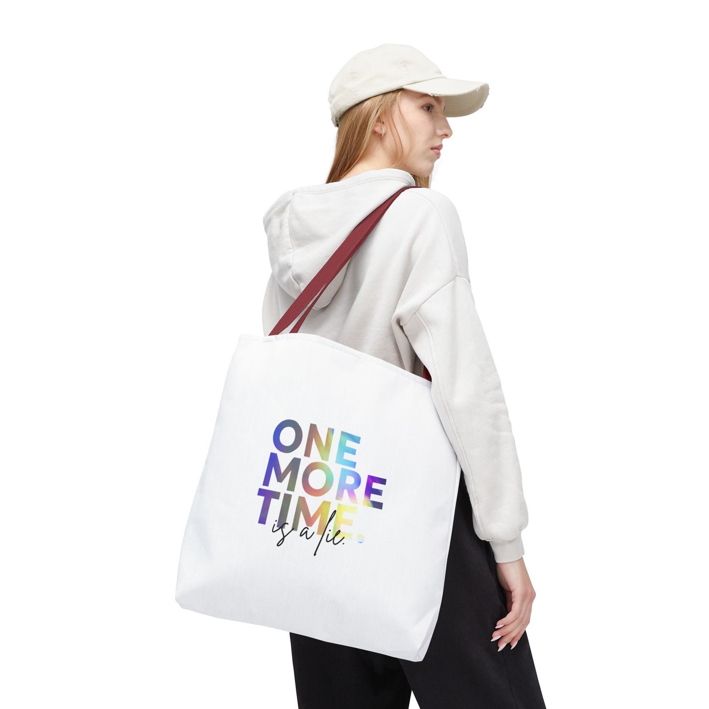 "One More Time Is a Lie" Dance Quote Canvas Tote Bag – Funny Colorful Text Graphic Dance Bag for Rehearsals, Studio & Everyday Use