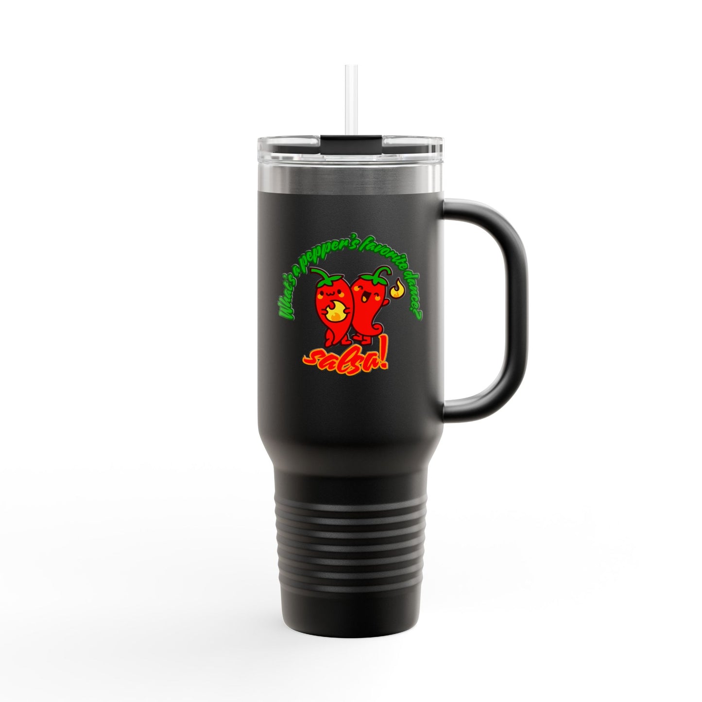 "What's a Pepper's Favorite Dance? Salsa." Funny Dance Quote 40oz Insulated Travel Mug – Bold Pepper Graphic Stainless Steel Tumbler