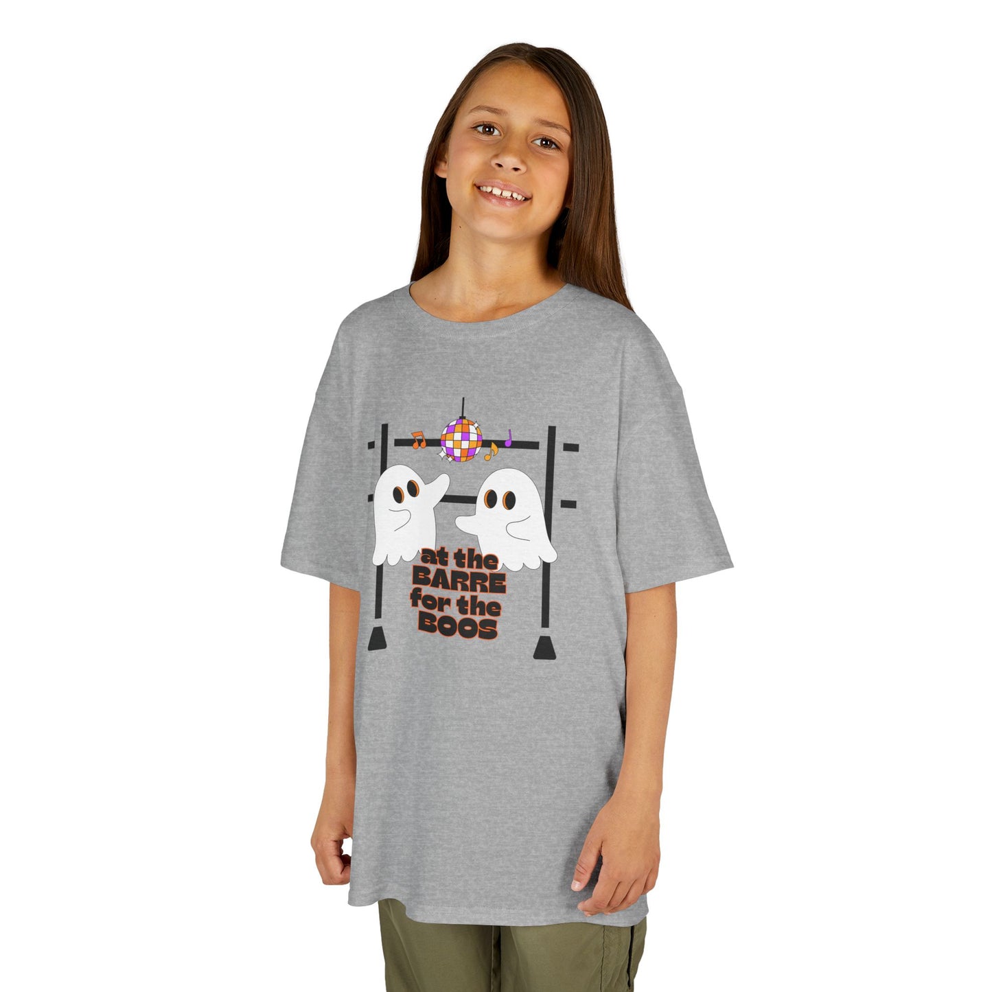 “At the Barre for the Boos” Halloween Dance T-Shirt with Cute Ghost Ballet Graphics - Kids Heavy Cotton™ Tee
