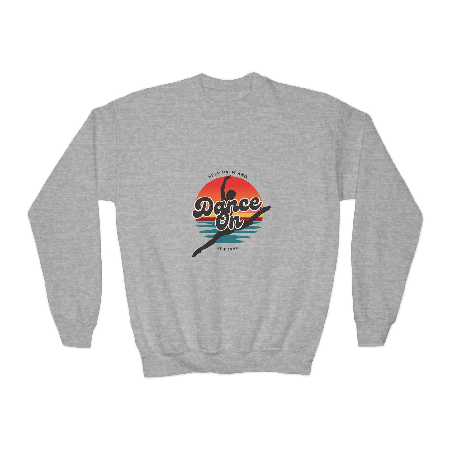 "Keep Calm and Dance On" Youth Crewneck Sweatshirt – Retro Graphic Dance-Themed Kids Pullover for Young Performers