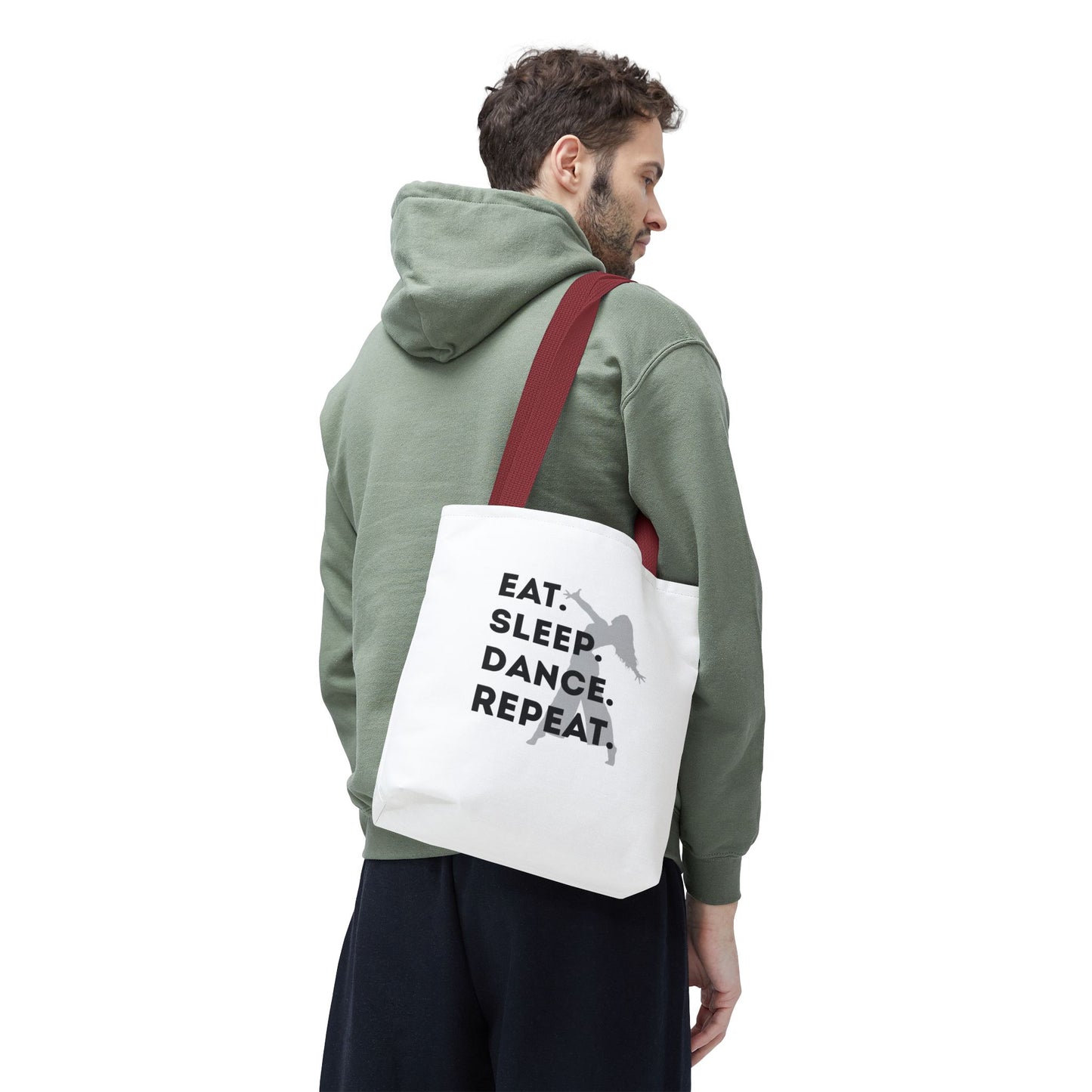 "Eat Sleep Dance Repeat" Canvas Tote Bag – Gray Dancer Silhouette Dance-Themed Reusable Shoulder Bag for Dancers, Studio, or Everyday Use