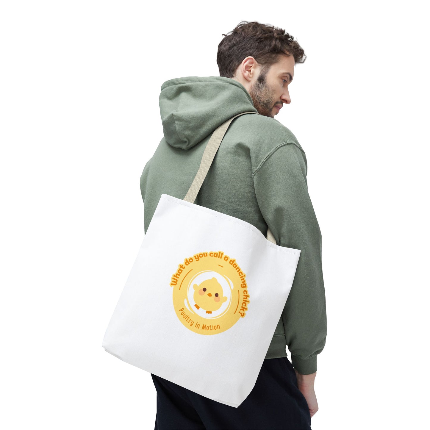 "What do you call a dancing chick? Poultry in Motion" Funny Dance Tote Bag – Kawaii Chicken Canvas Tote for Dancers & Dance Lovers