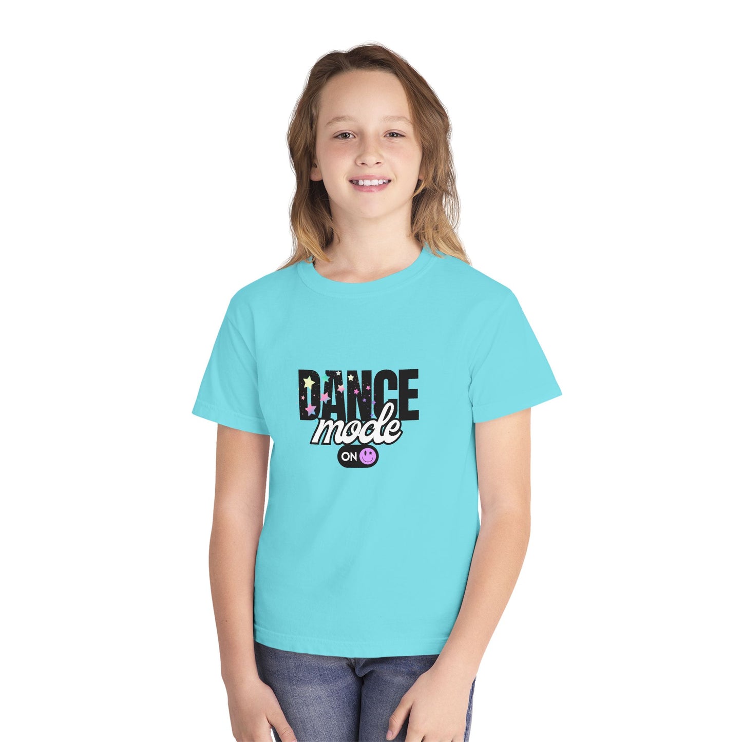 “Dance Mode On" Comfort Colors Youth Midweight T-Shirt – Pastel Stars & Smiley Face Dance Graphic Tee for Kids