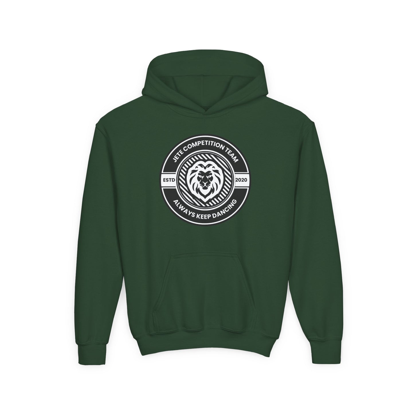 "Jeté Competition Team - Always Keep Dancing" Youth Hooded Sweatshirt – Bold Collegiate Emblem Dance Graphic Hoodie for Kids and Teens