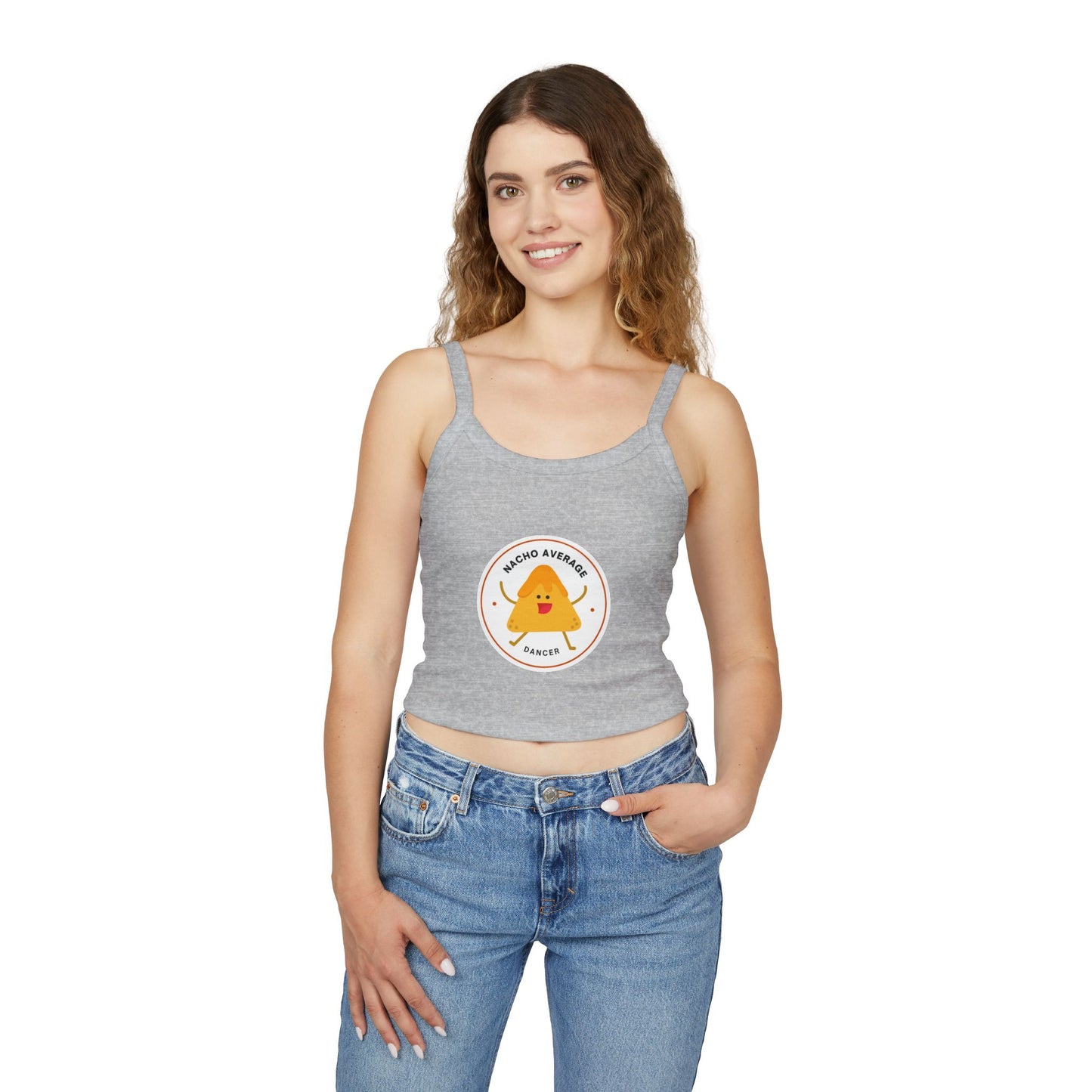 "Nacho Average Dancer" Women’s Spaghetti Strap Tank Top – Cute Nacho Dance Graphic | Funny Pun Apparel for Dancers & Food Lovers