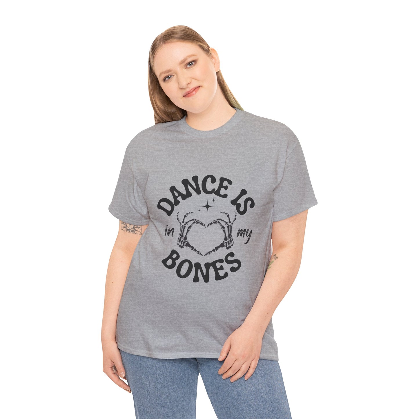 “Dance Is in My Bones” Halloween Dance T-Shirt with Cute Skeleton Heart Graphic - Unisex Heavy Cotton Tee