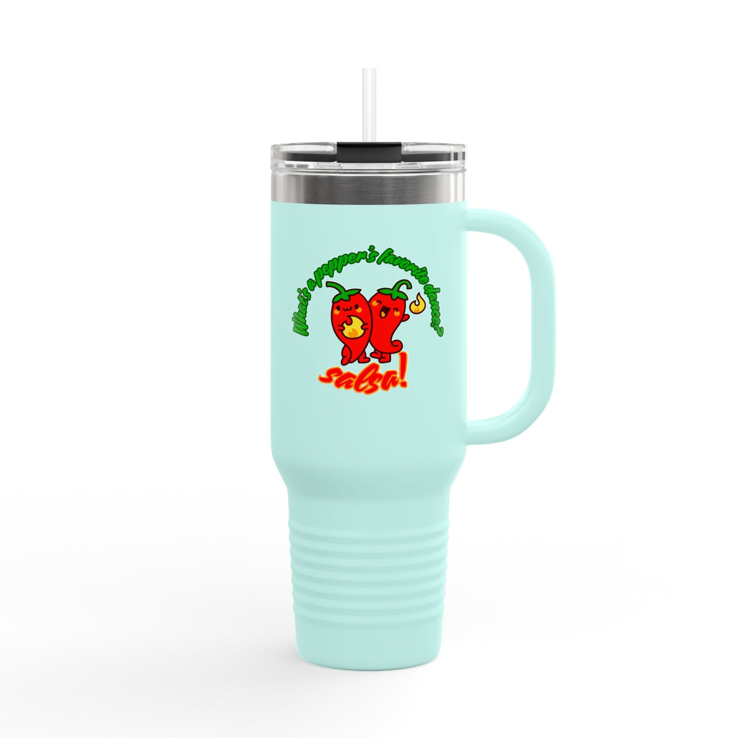 "What's a Pepper's Favorite Dance? Salsa." Funny Dance Quote 40oz Insulated Travel Mug – Bold Pepper Graphic Stainless Steel Tumbler