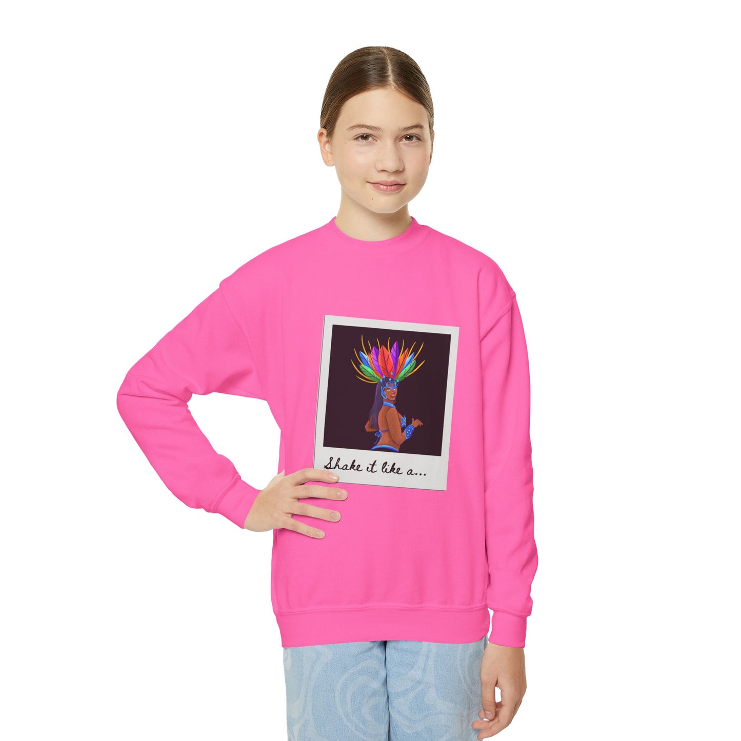 "Shake It Like a..." Youth Crewneck Sweatshirt – Carnival-Inspired Samba Dancer Graphic Pullover for Kids and Teens