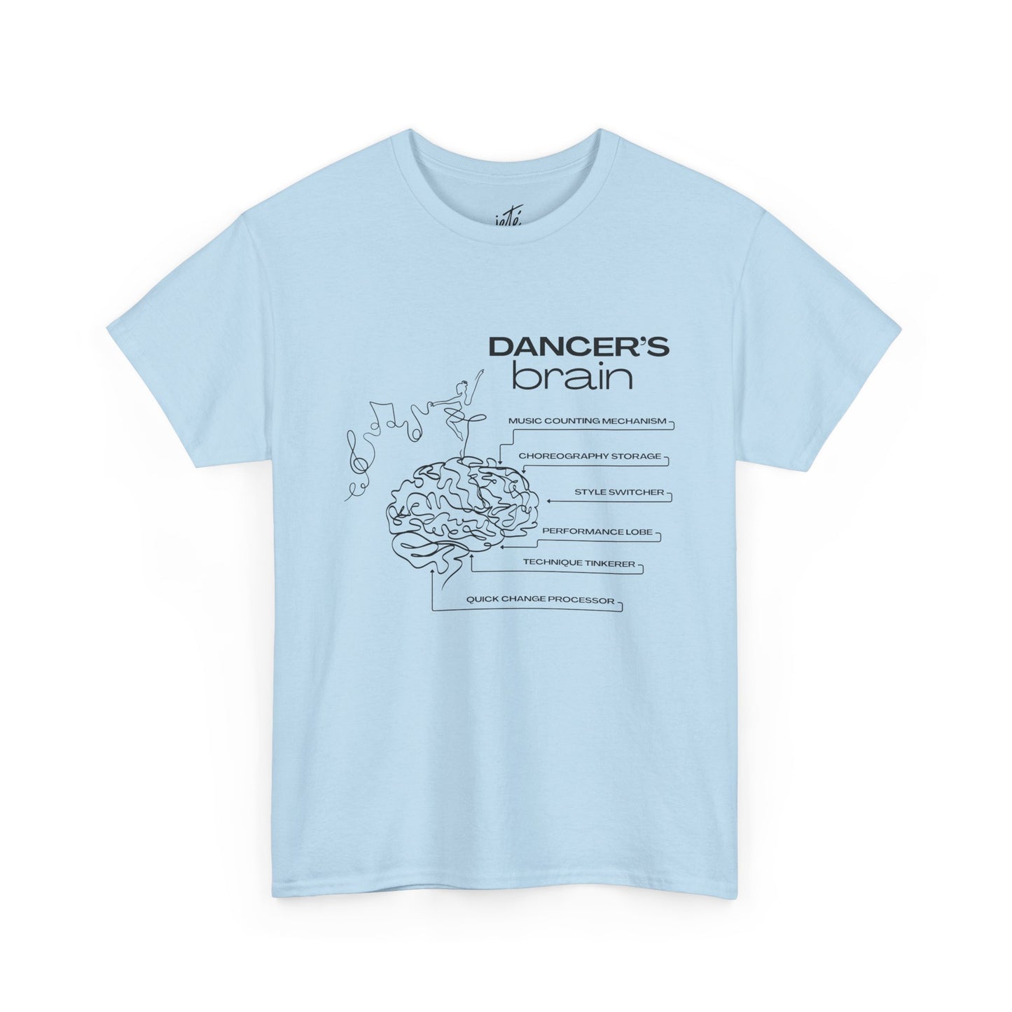 “Dancer’s Brain” Funny Dance Anatomy T-Shirt – Unisex Heavy Cotton Tee with Cute Dancer Brain Diagram and Optional Back Personalization