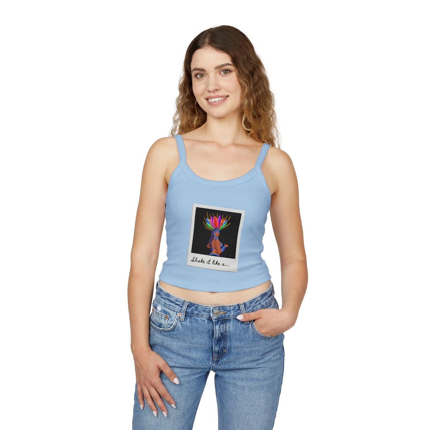 "Shake It Like a..." Women’s Spaghetti Strap Tank Top – Carnival-Inspired Samba Dancer Graphic | Fun Festival & Dancewear Top for Performers & Party Lovers