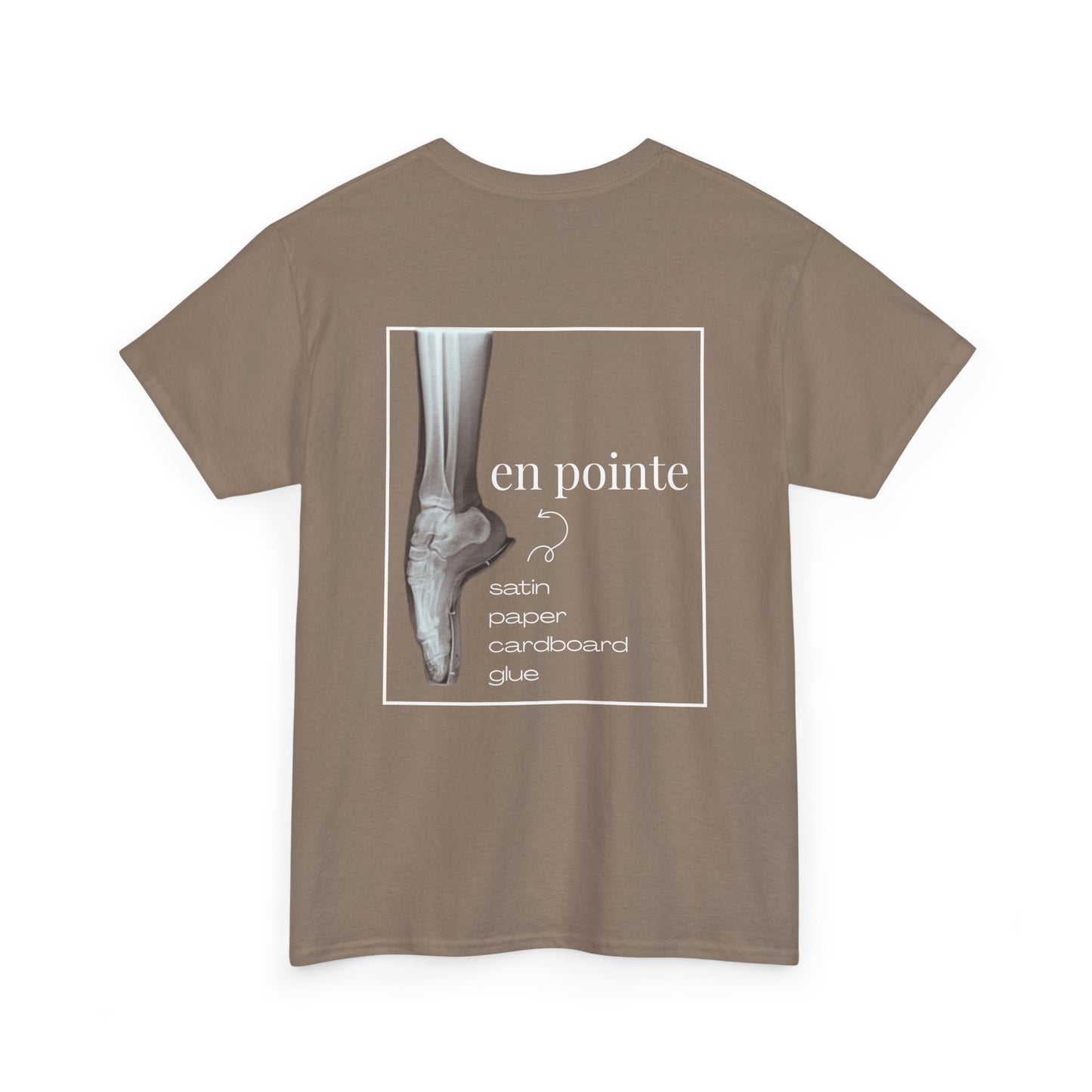 “I Dance en Pointe” X-Ray Ballet T-Shirt – Unisex Heavy Cotton Tee Featuring Pointe Shoe Foot Graphic with Optional Name or Studio Personalization on the back