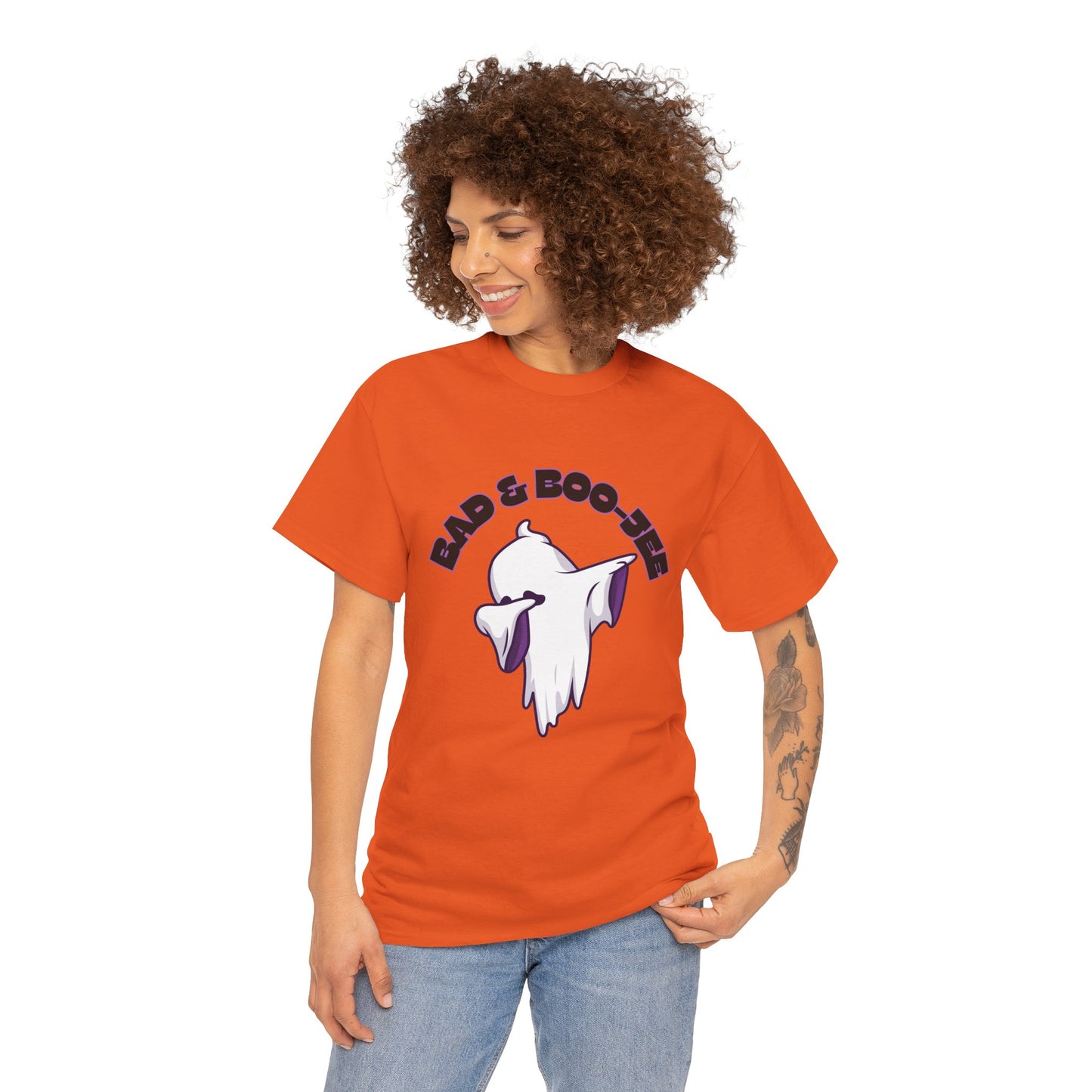 “Bad & Boo-jee” Funny Halloween Dance T-Shirt with Cute Ghost Dab Graphic - Unisex Heavy Cotton Tee