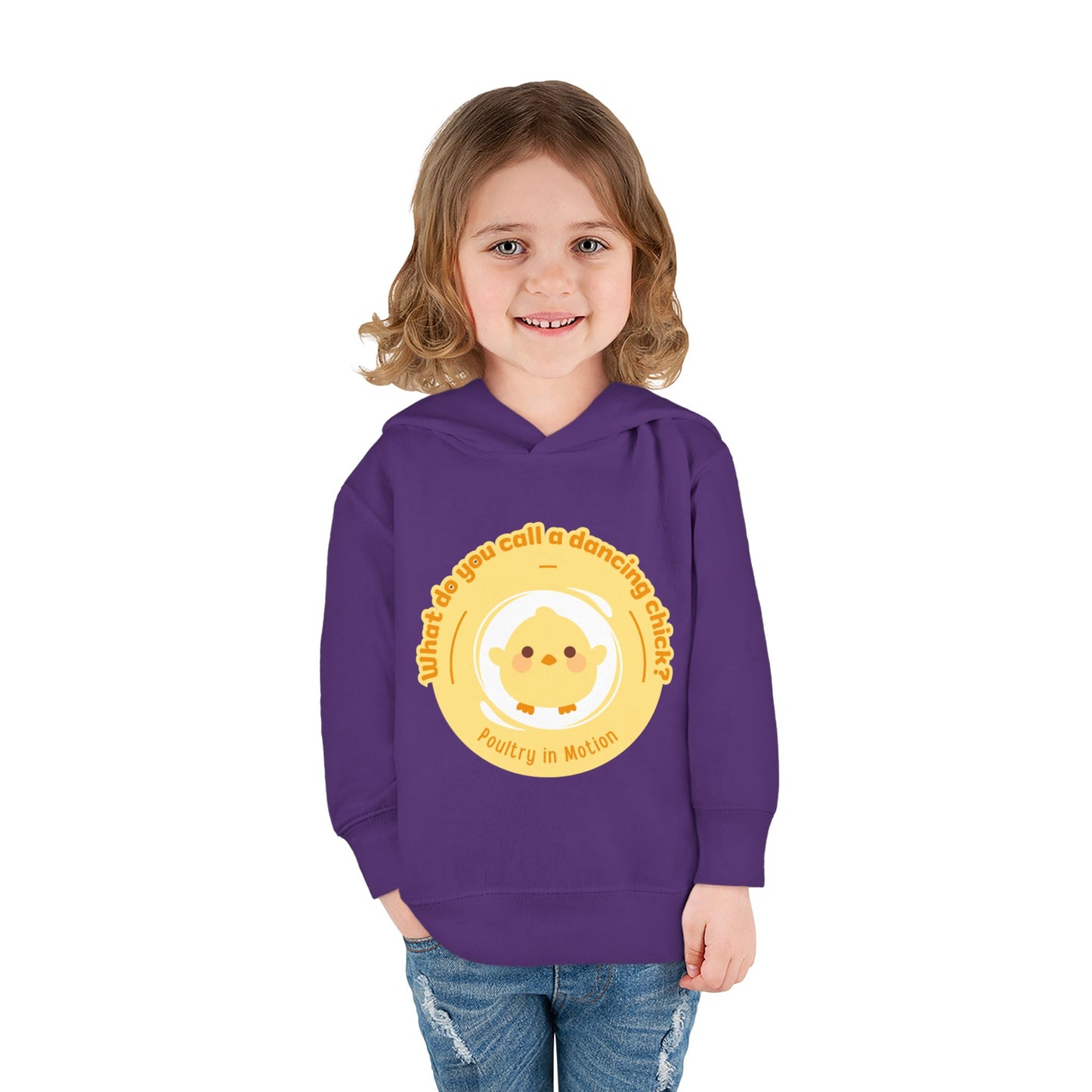 "What do you call a dancing chick? Poultry in Motion." Toddler Pullover Hoodie – Funny Dancing Chicken Pun Graphic Fleece Sweatshirt for Kids