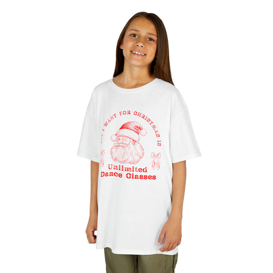 “All I Want for Christmas Is Unlimited Dance Classes” YOUTH TEE Short Sleeve with Vintage Santa – Festive Holiday Dance Tee for Dancers & Studios