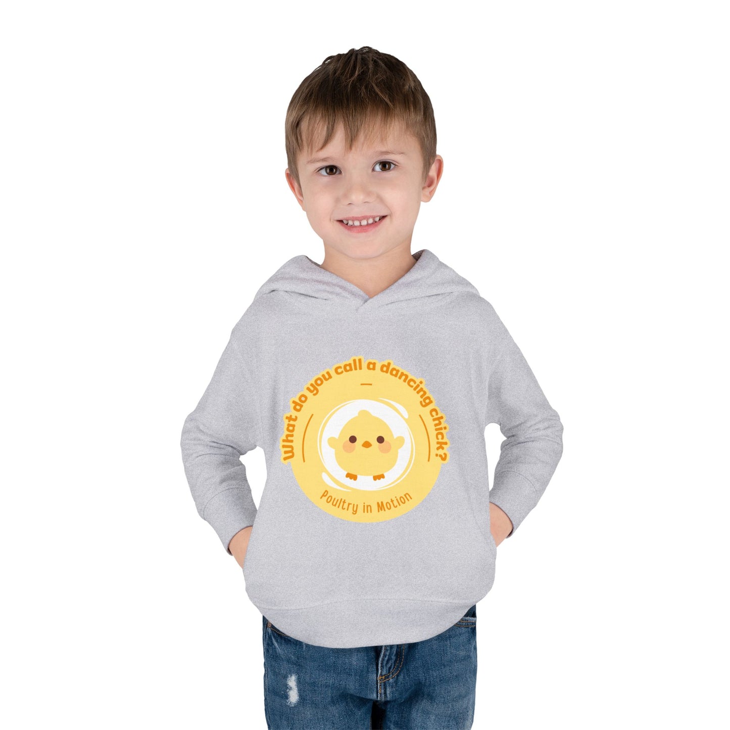 "What do you call a dancing chick? Poultry in Motion." Toddler Pullover Hoodie – Funny Dancing Chicken Pun Graphic Fleece Sweatshirt for Kids