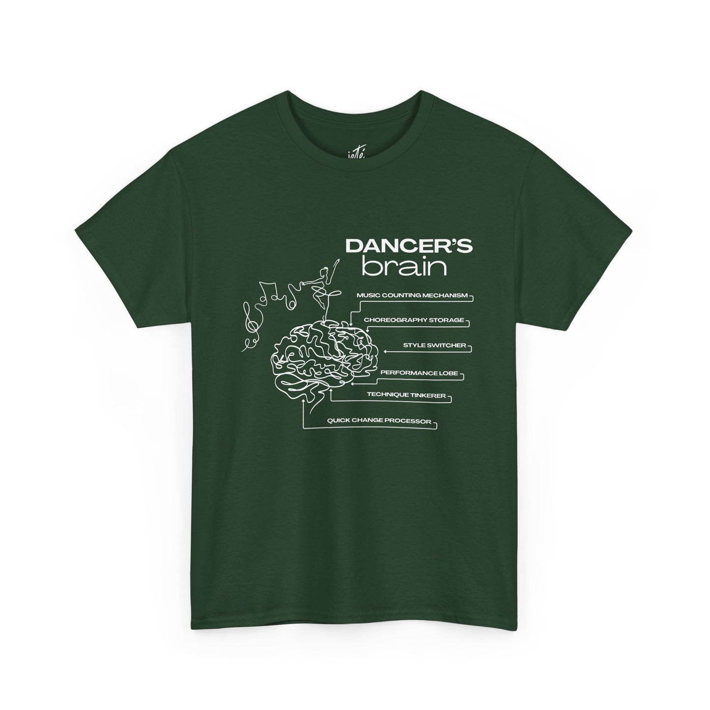 “Dancer’s Brain” Funny Dance Anatomy T-Shirt – Unisex Heavy Cotton Tee with Cute Dancer Brain Diagram and Optional Back Personalization