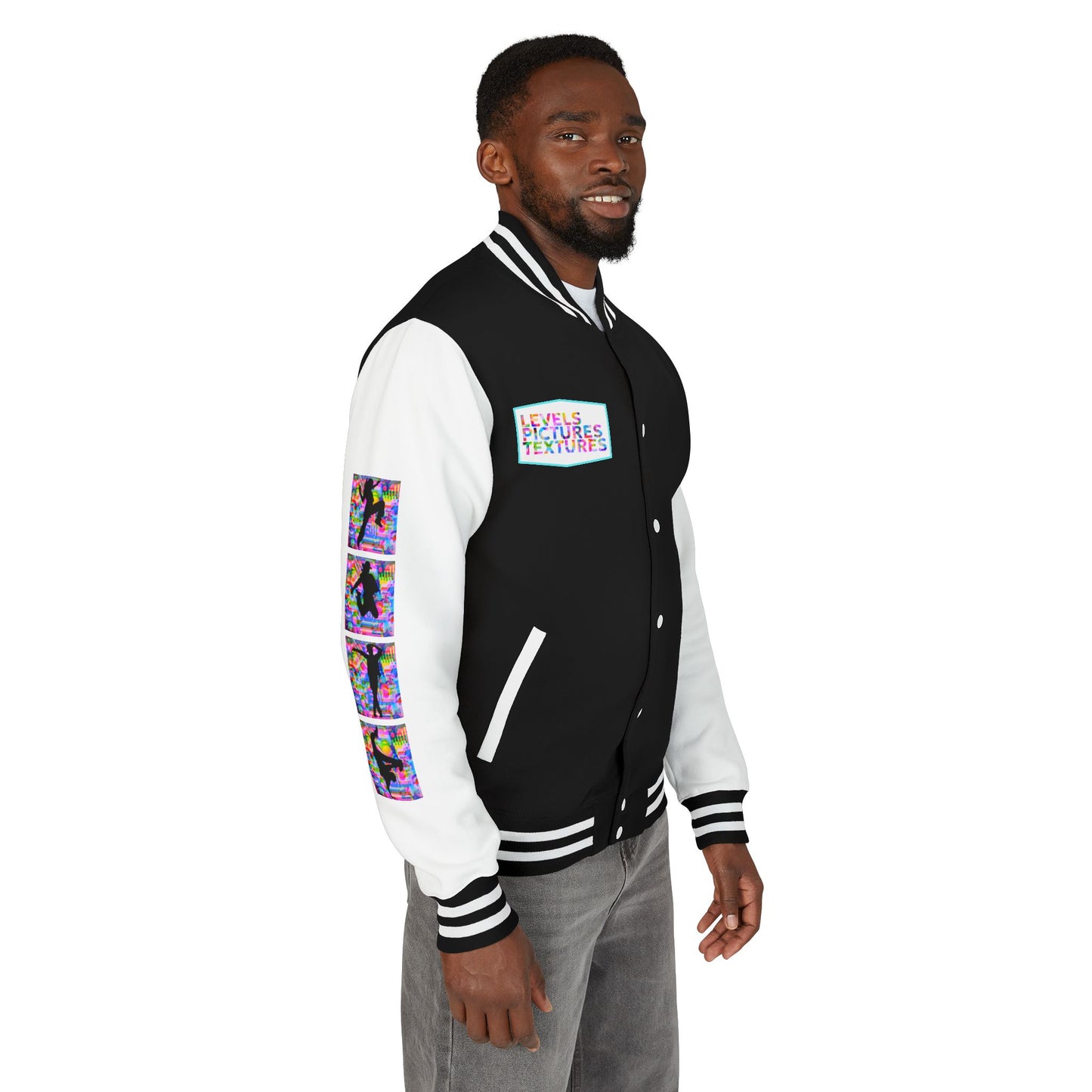 Levels Premium Collection Dance Letterman Jacket β Colorful Unisex Streetwear Varsity Jacket with "Levels Pictures Textures" Front and Dancer Silhouette Back Graphic