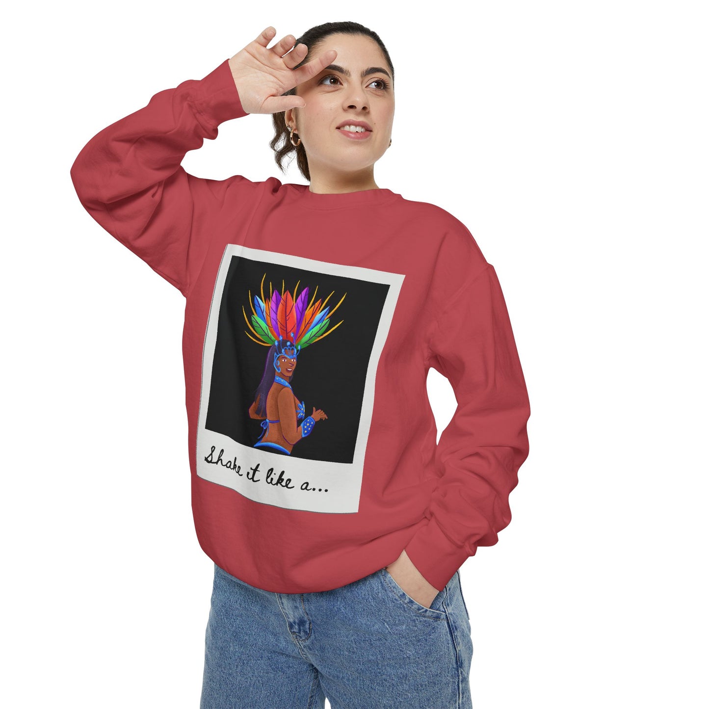 "Shake It Like a..." Unisex Lightweight Crewneck Sweatshirt – Carnival-Inspired Samba Dancer Graphic Pullover for Dance Lovers & Festival Vibes