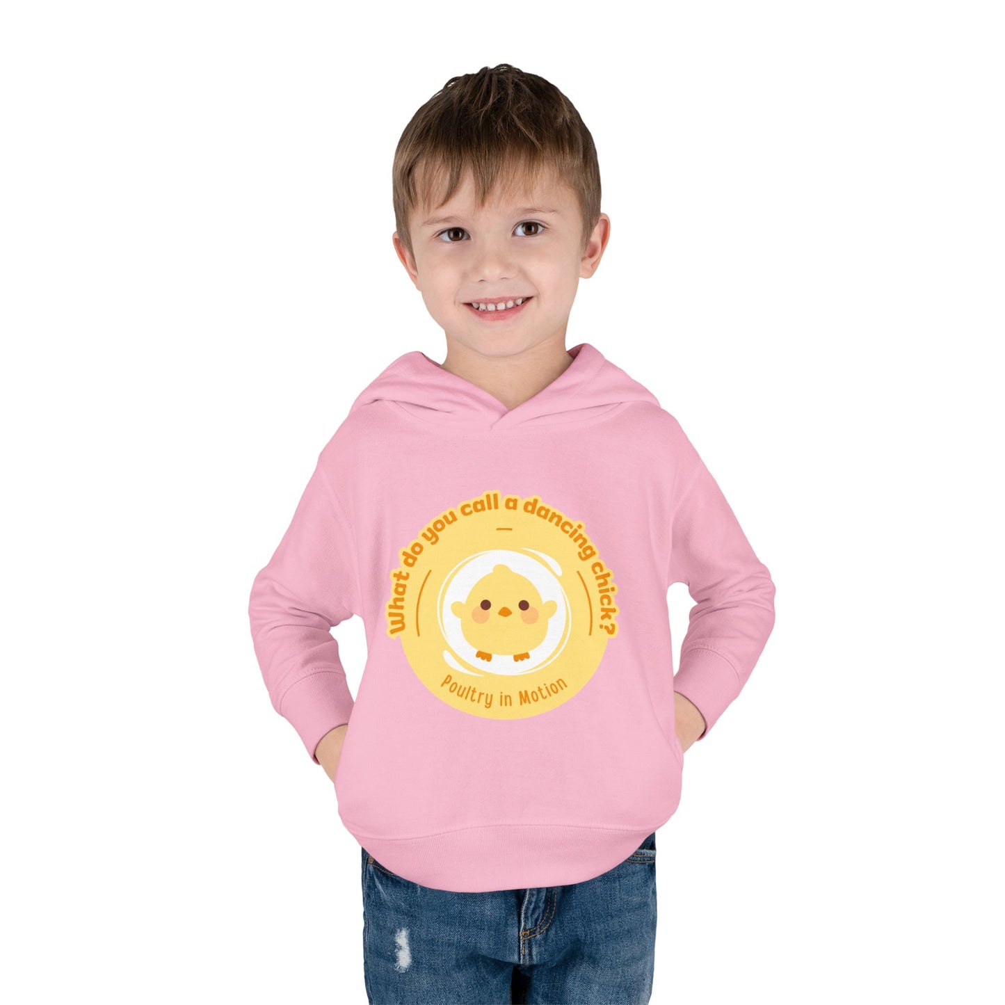 "What do you call a dancing chick? Poultry in Motion." Toddler Pullover Hoodie – Funny Dancing Chicken Pun Graphic Fleece Sweatshirt for Kids