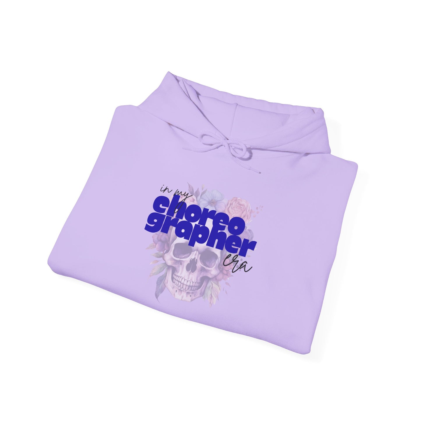Folded purple hoodie with 'in my choreographer era' text and floral design on a white background