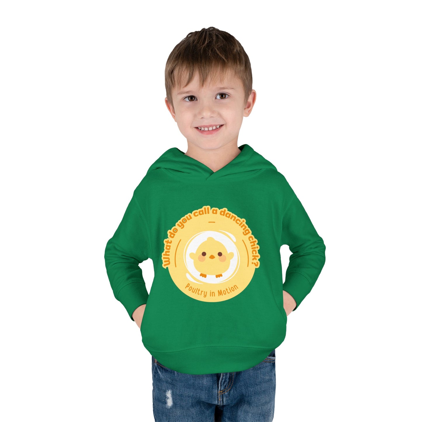 "What do you call a dancing chick? Poultry in Motion." Toddler Pullover Hoodie – Funny Dancing Chicken Pun Graphic Fleece Sweatshirt for Kids