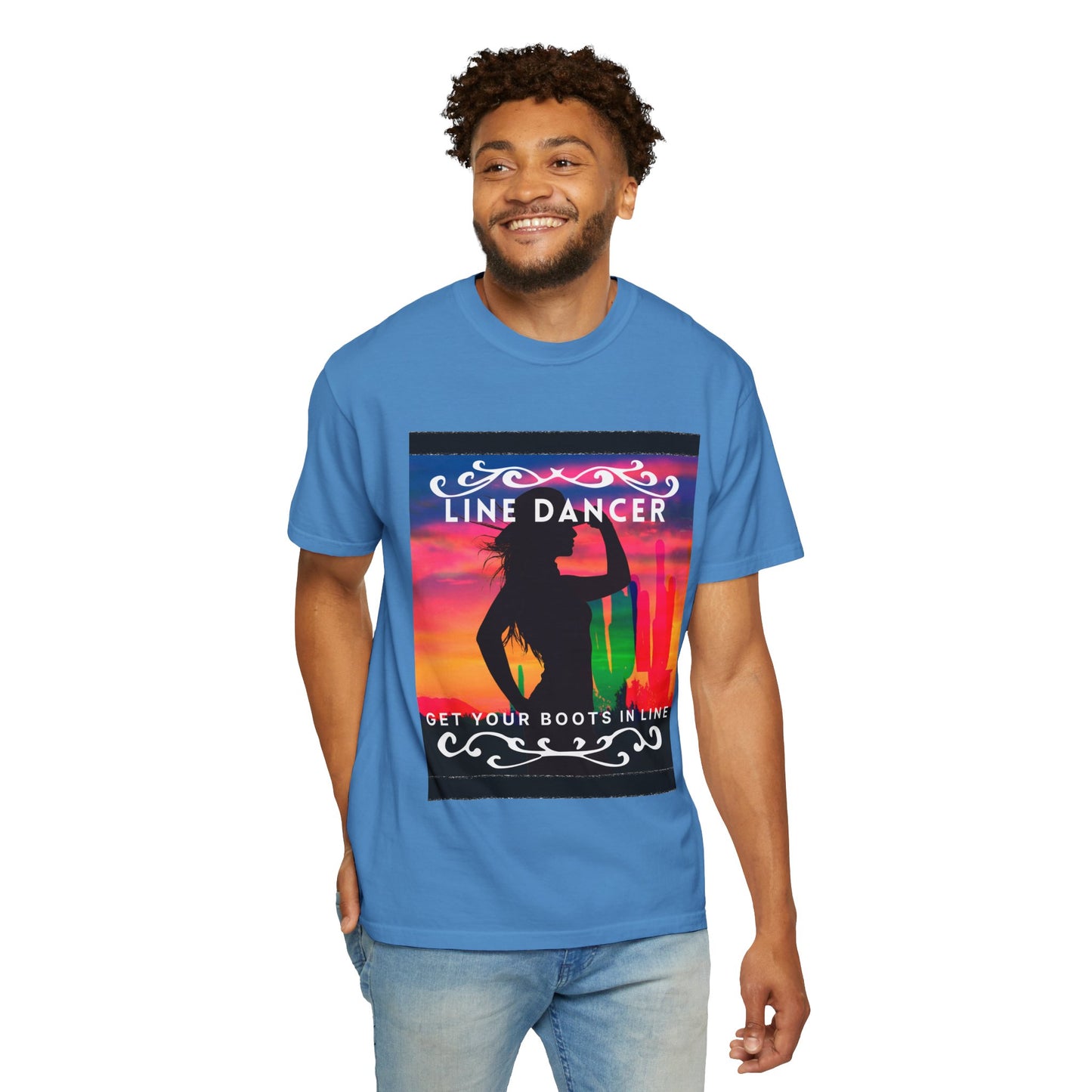 "Line Dancer" Unisex Garment-Dyed T-Shirt – Western Country Dance Graphic Tee – 'Get Your Boots in Line' Cowboy-Inspired Shirt