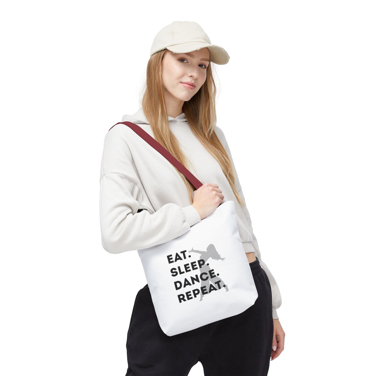 "Eat Sleep Dance Repeat" Canvas Tote Bag – Gray Dancer Silhouette Dance-Themed Reusable Shoulder Bag for Dancers, Studio, or Everyday Use