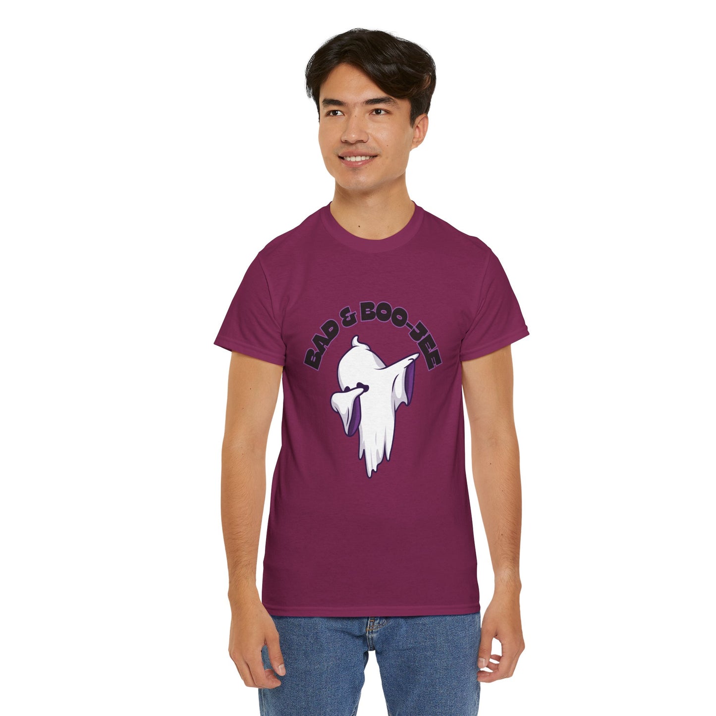 “Bad & Boo-jee” Funny Halloween Dance T-Shirt with Cute Ghost Dab Graphic - Unisex Heavy Cotton Tee