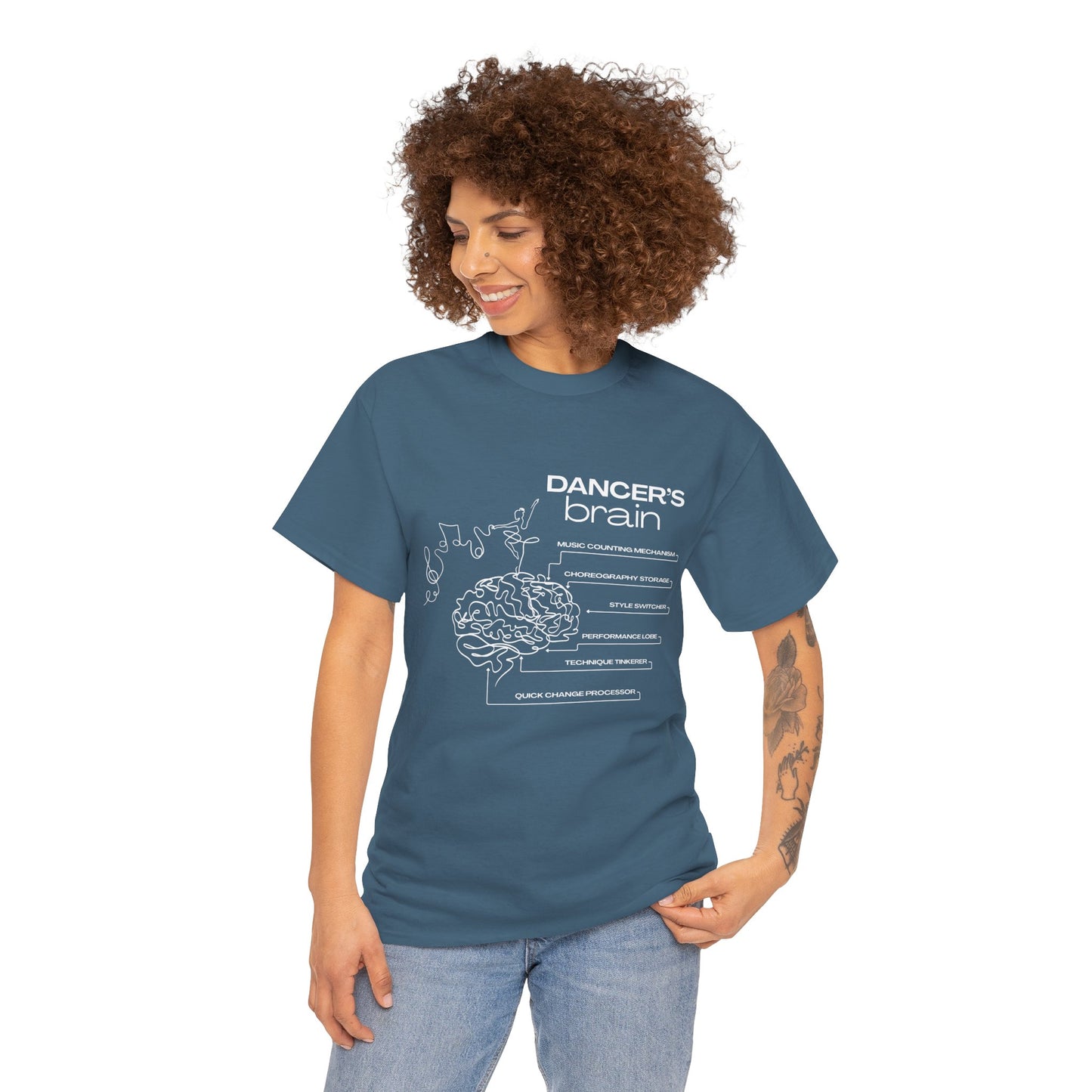“Dancer’s Brain” Funny Dance Anatomy T-Shirt – Unisex Heavy Cotton Tee with Cute Dancer Brain Diagram and Optional Back Personalization