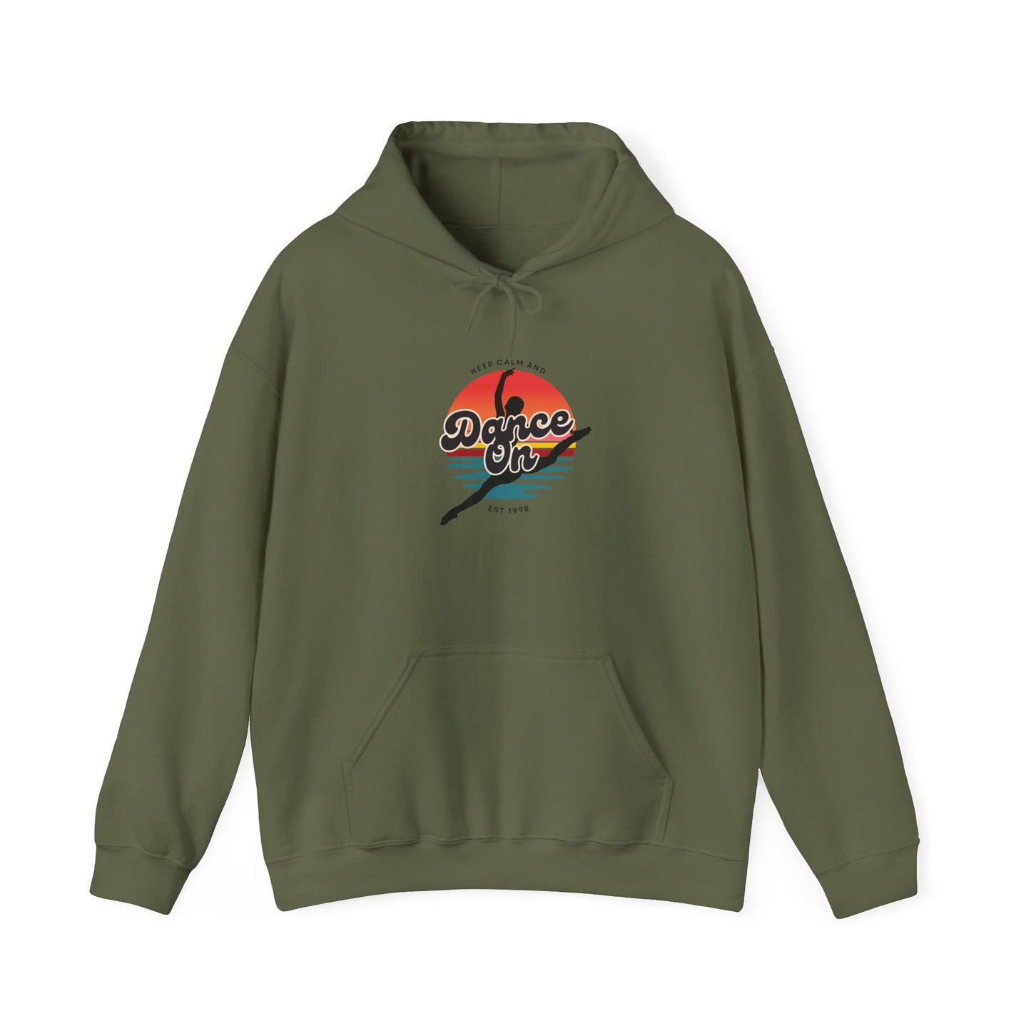 “Keep Calm and Dance On” Retro Hoodie – Unisex Dance-Inspired Hooded Sweatshirt for Dancers & Movement Lovers