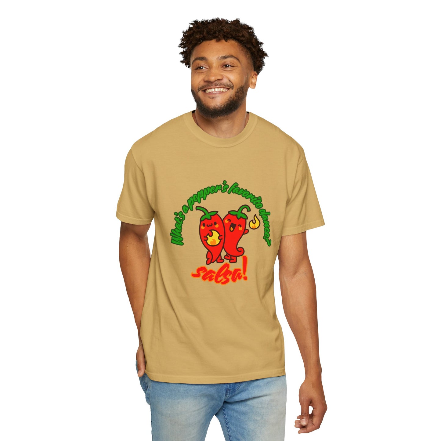 "What's a Pepper's Favorite Dance? Salsa!" Dance Pun Unisex Garment-Dyed T-Shirt – Funny Dance Joke Tee with Cute Pepper Graphic – Dance Humor Shirt for Food & Pun Lovers