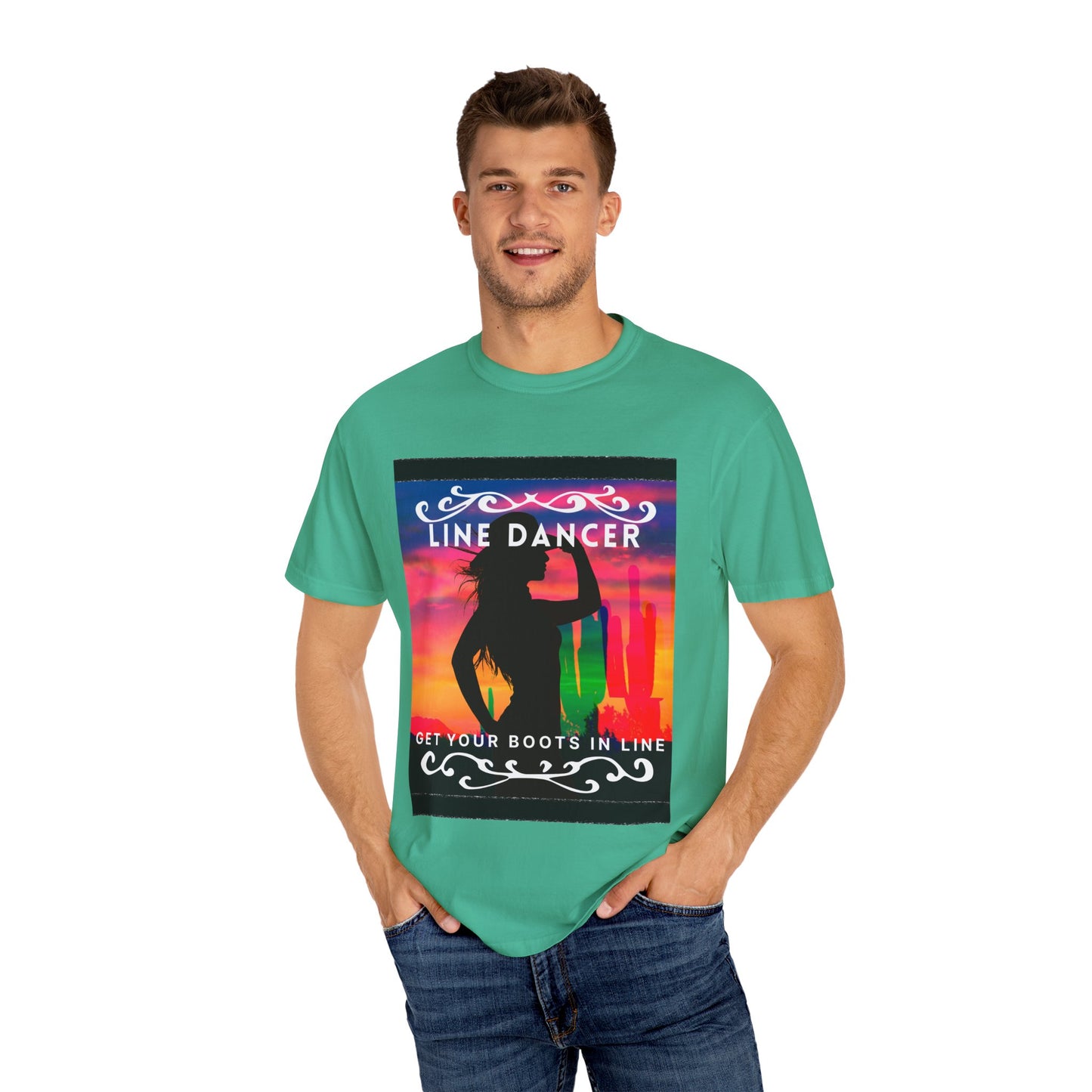 "Line Dancer" Unisex Garment-Dyed T-Shirt – Western Country Dance Graphic Tee – 'Get Your Boots in Line' Cowboy-Inspired Shirt