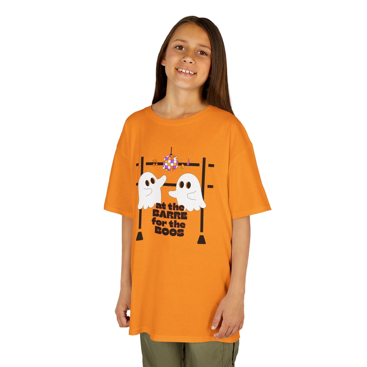 “At the Barre for the Boos” Halloween Dance T-Shirt with Cute Ghost Ballet Graphics - Kids Heavy Cotton™ Tee
