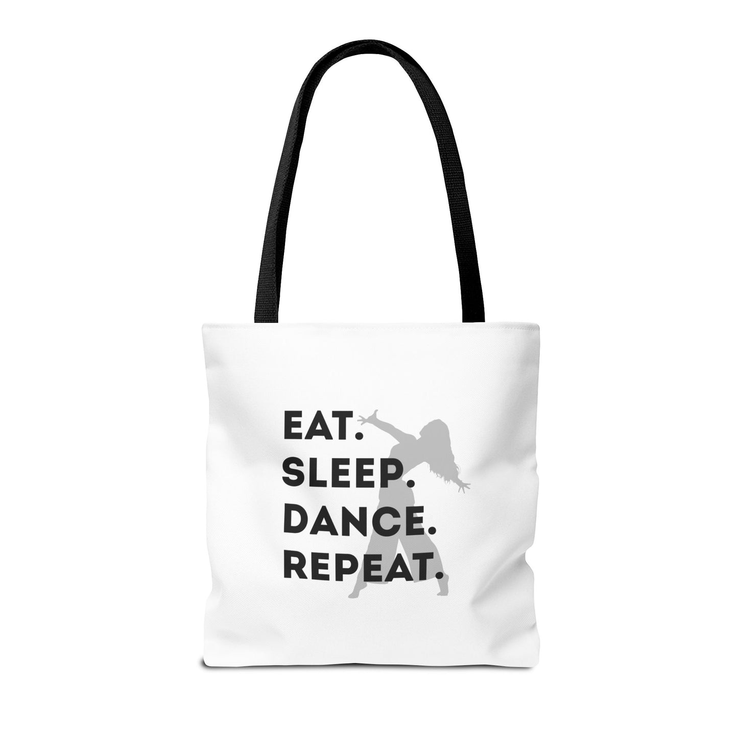 "Eat Sleep Dance Repeat" Canvas Tote Bag – Gray Dancer Silhouette Dance-Themed Reusable Shoulder Bag for Dancers, Studio, or Everyday Use